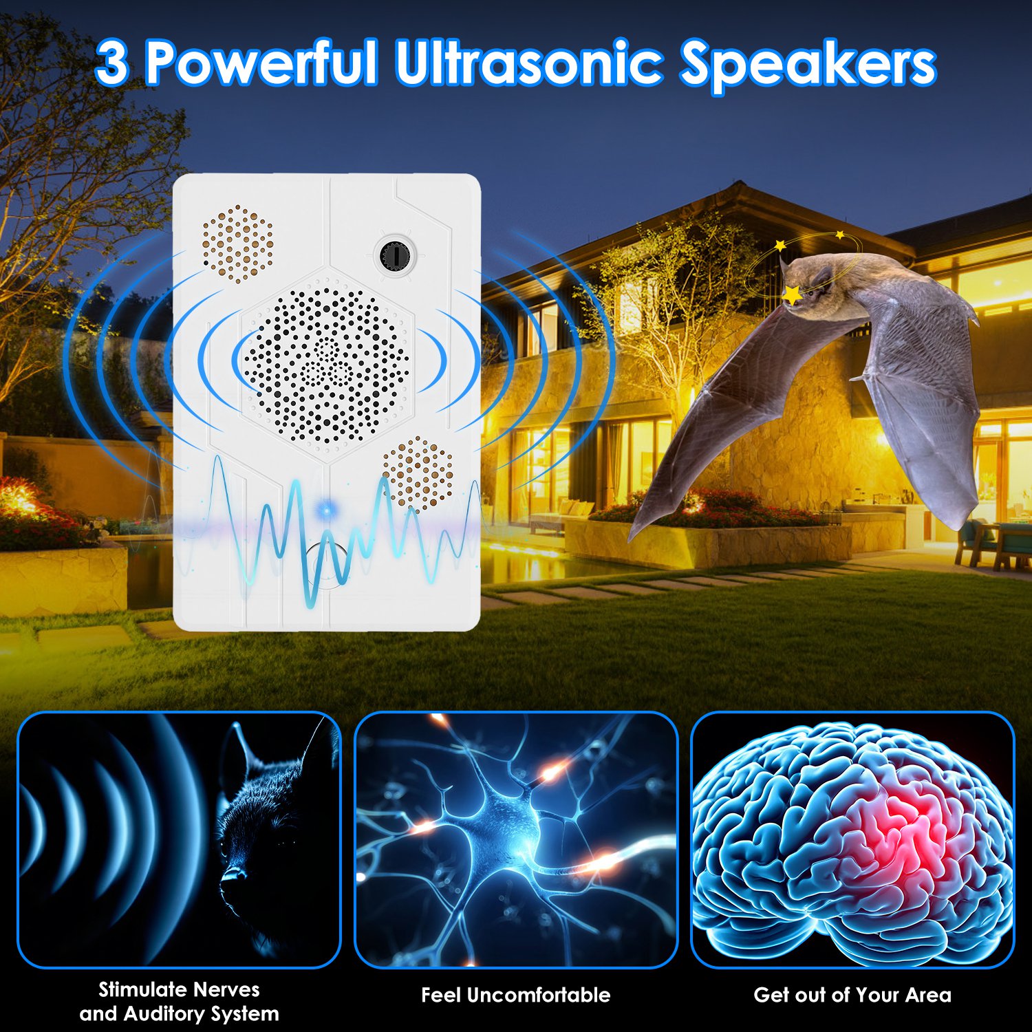 Paquete de 2 Repelentes Ultrasónicos Recargables para Murciélagos 2026 Mejorados, Interior y Exterior, Disuasor de Aves, Ratones y Perros, con 3 Altavoces Ultrasónicos, para Ático, Porche, Casa — imagen 9