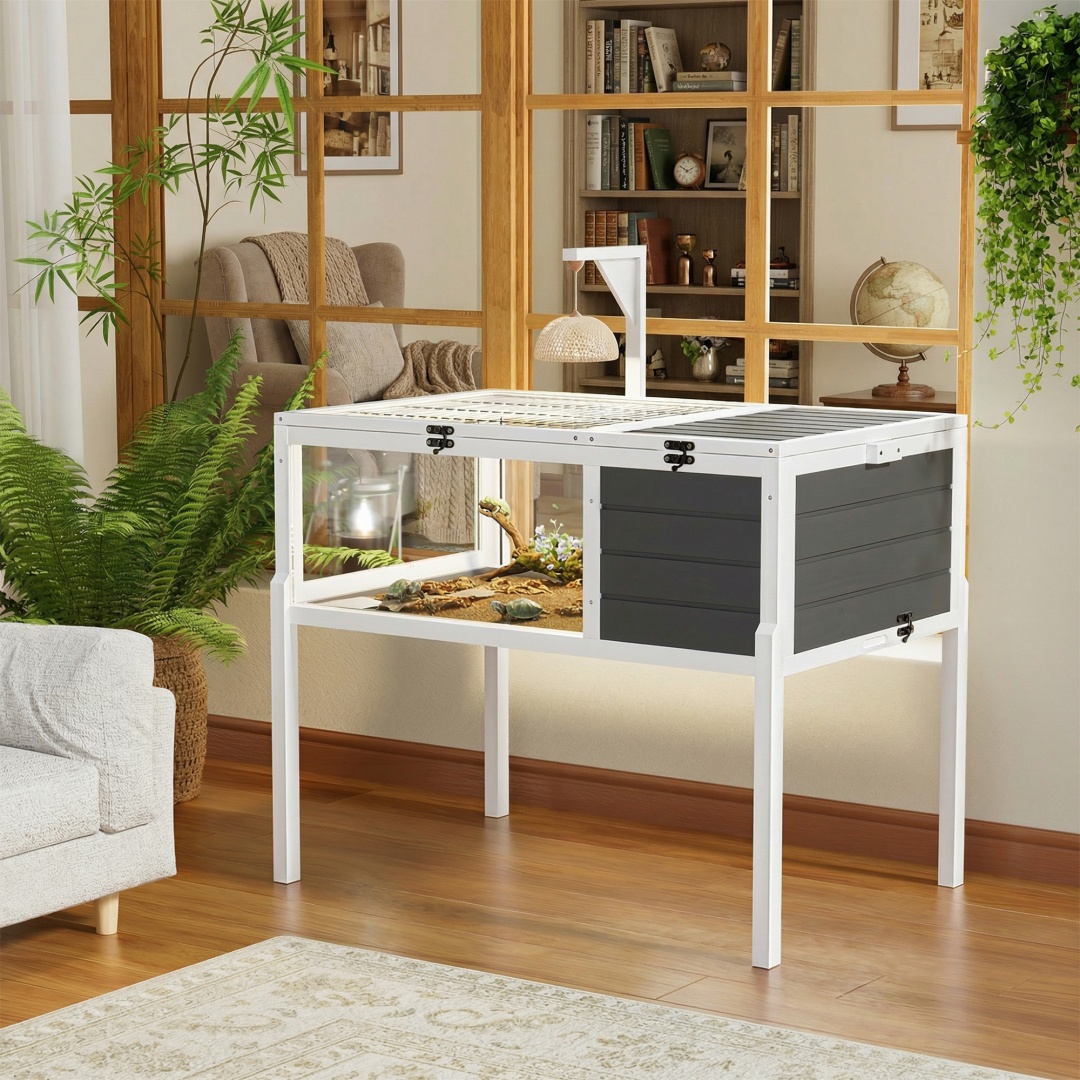 Hábitat de Reptiles Casa para Tortugas con Soporte de Lámpara, Gran Ventana de Observación, 2 Platos Impermeables, Patas Desmontables, Encierro de Madera Fácil de Limpiar para Tortugas, Lagartos, Geckos y Pequeños Animales Interior y Exterior — imagen 10