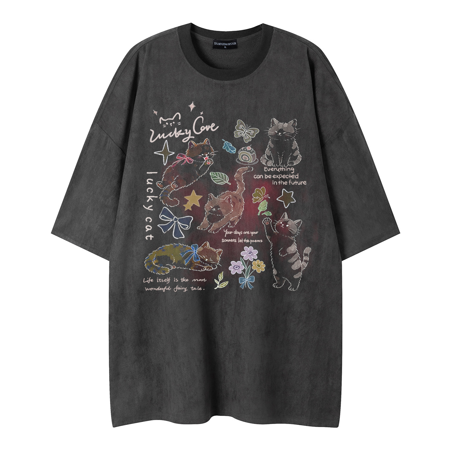 Camiseta corta manga con estampado de mariposas y rayas del gato — imagen 5