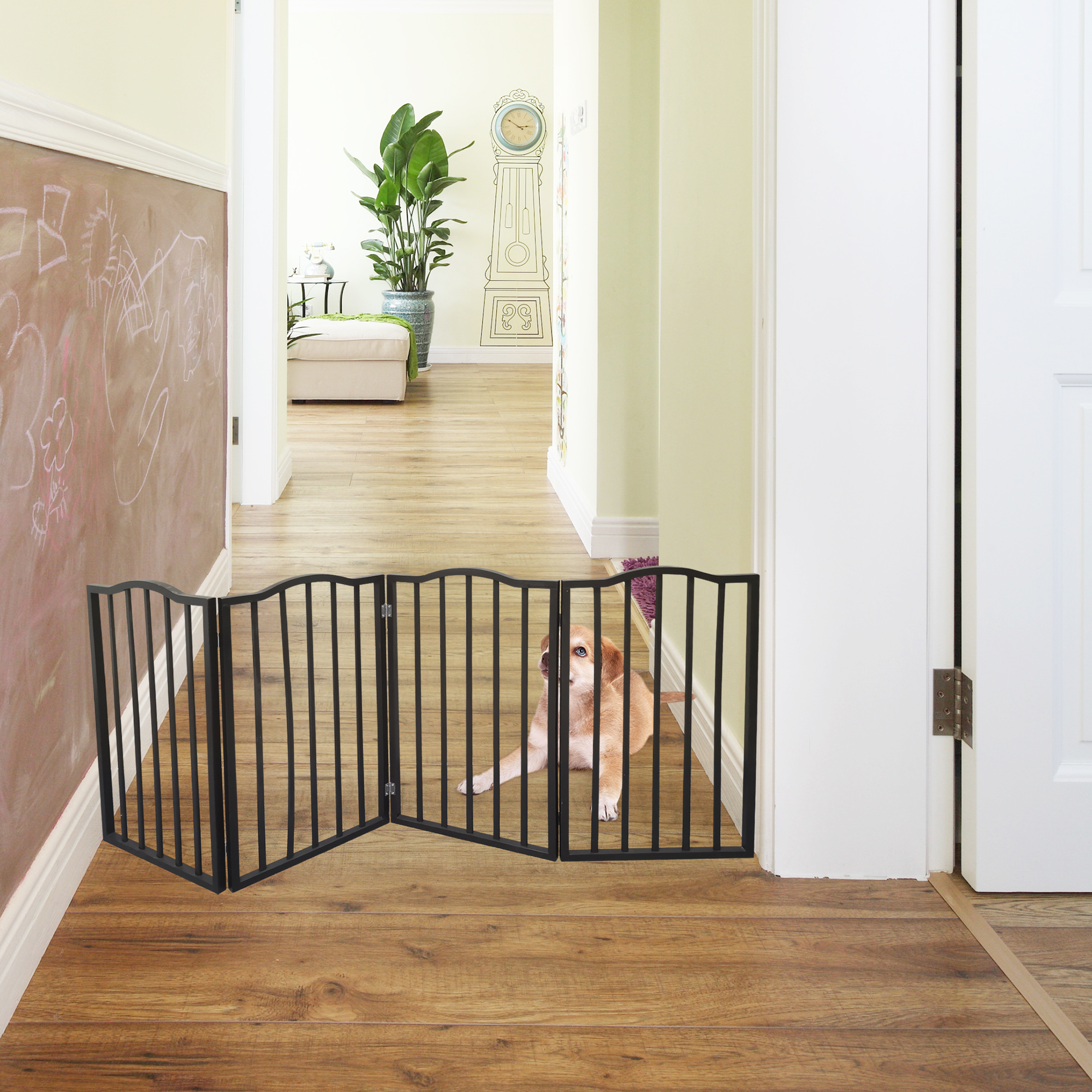 Pet Gate - Dog Gate For Doorways, Stairs Or House - Freestanding, Folding, Brown, Arc Wooden — imagen 1