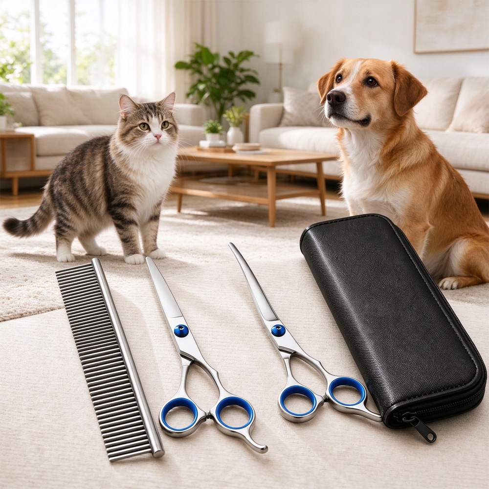 Pet Grooming Scissors Kit, 4 In 1 Professional Stainless Steel Dog Cat Grooming Shears Set, Straight & Curved & Thinning Scissors With Metal Comb & Storage Case, Safe Home Pet Hair Trimming Tool For — image 1