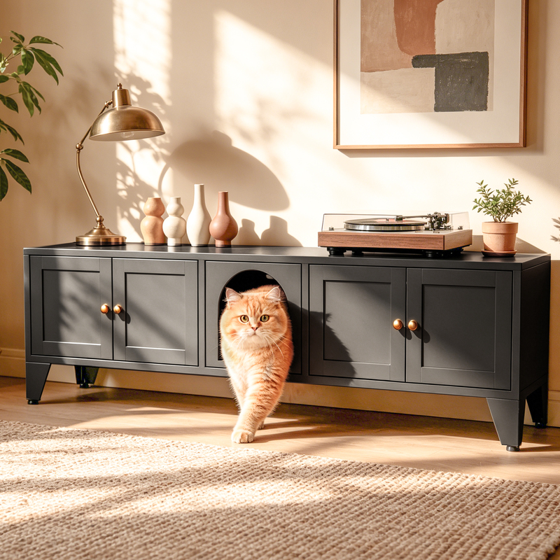 Caja de Limpieza para Gatos en Metal, Encierro Oculto para 2 Gatos, Casa Grande para Indor con Ventilación y 2 Compartimentos, Negro Moderno — imagen 1