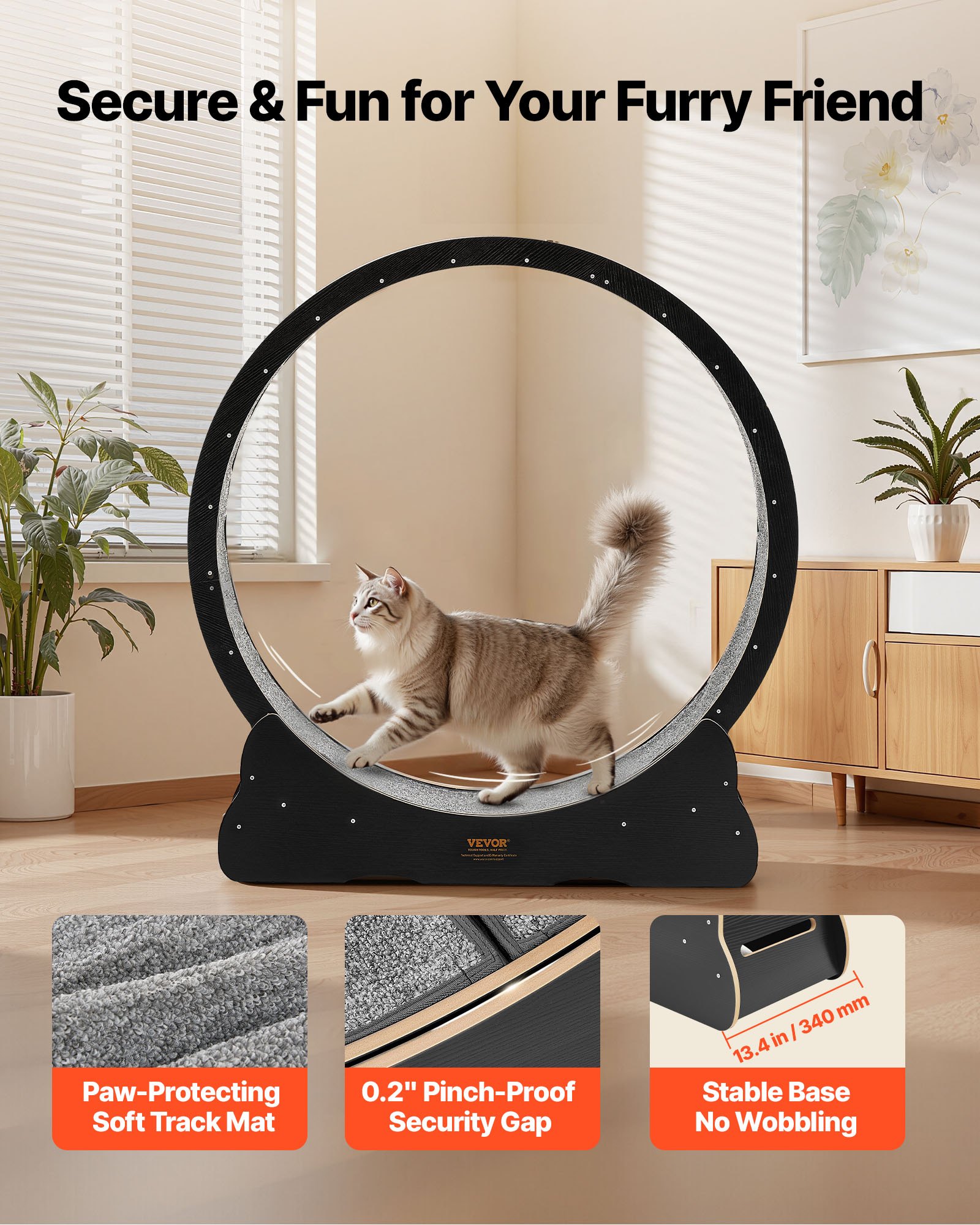 Cat Exercise Wheel, 48 In Wooden Cat Running Wheel For Indoor Cats Up To 28 Lbs, Cats Treadmill With Carpeted Runway & Locking Mechanism, Quiet Kitten Sport Toys For Pets Fitness & Health, Black — image 5