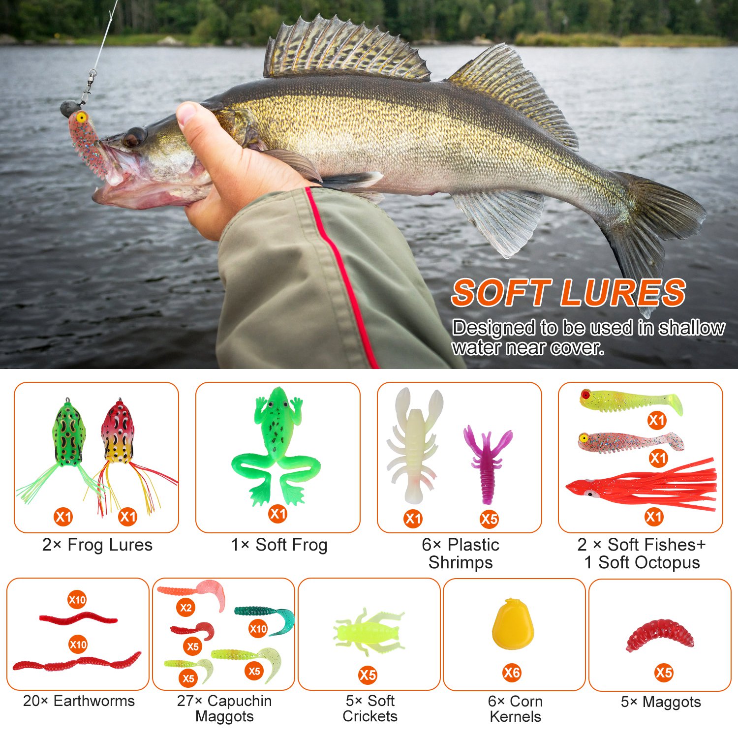 Set de 375 Piezas de Señuelos de Pesca y Caja de Aparejos, Kit de Señuelos para Agua Salada y Dulce, Poppers, Crankbaits, Grillos, Ranas y Señuelos Cuchara Realistas — imagen 5