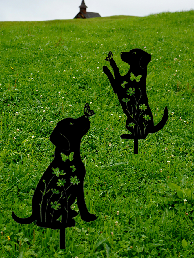 2 decoraciones de jardín de perro metálicas, adorables estacas con silueta de cachorro, decorativas para exteriores — imagen 4