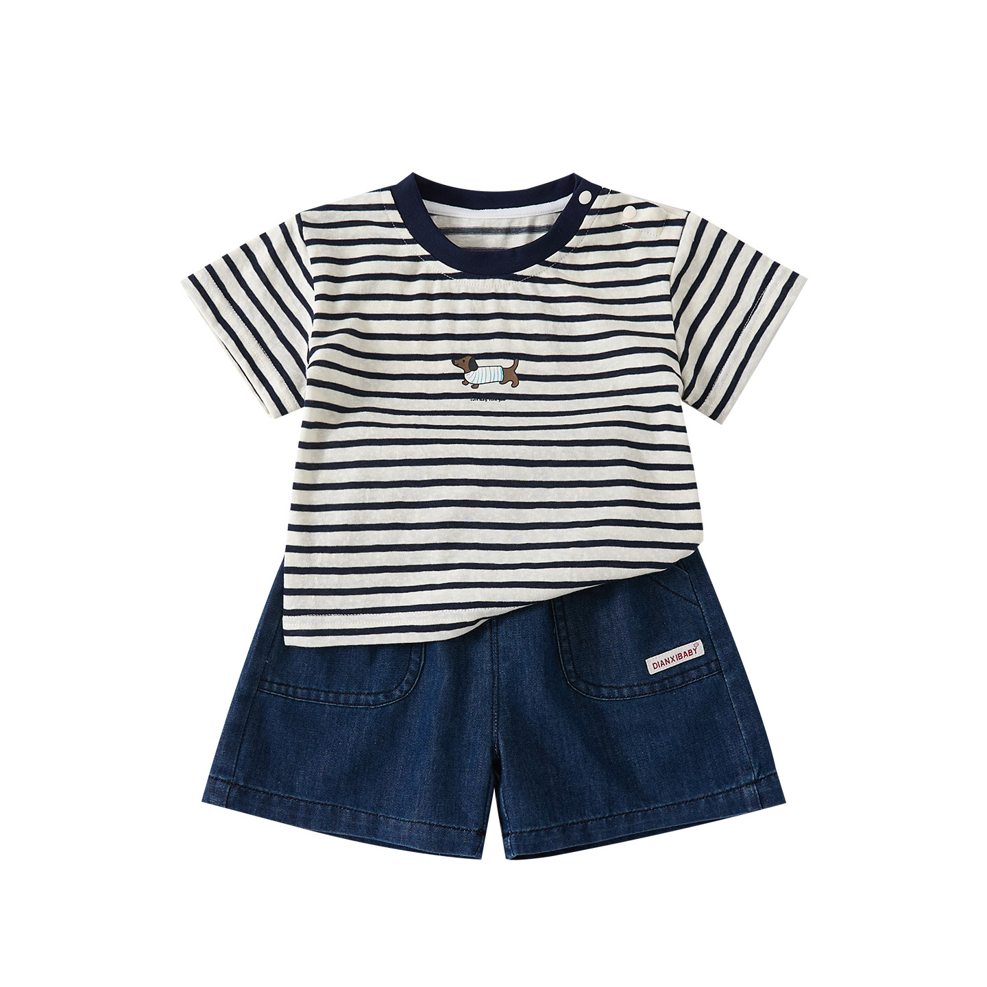 Lightweight Casual Cartoon Dog Stripe Short Sleeve T-Shirt with Stylish Versatile Denim Shorts — image 2