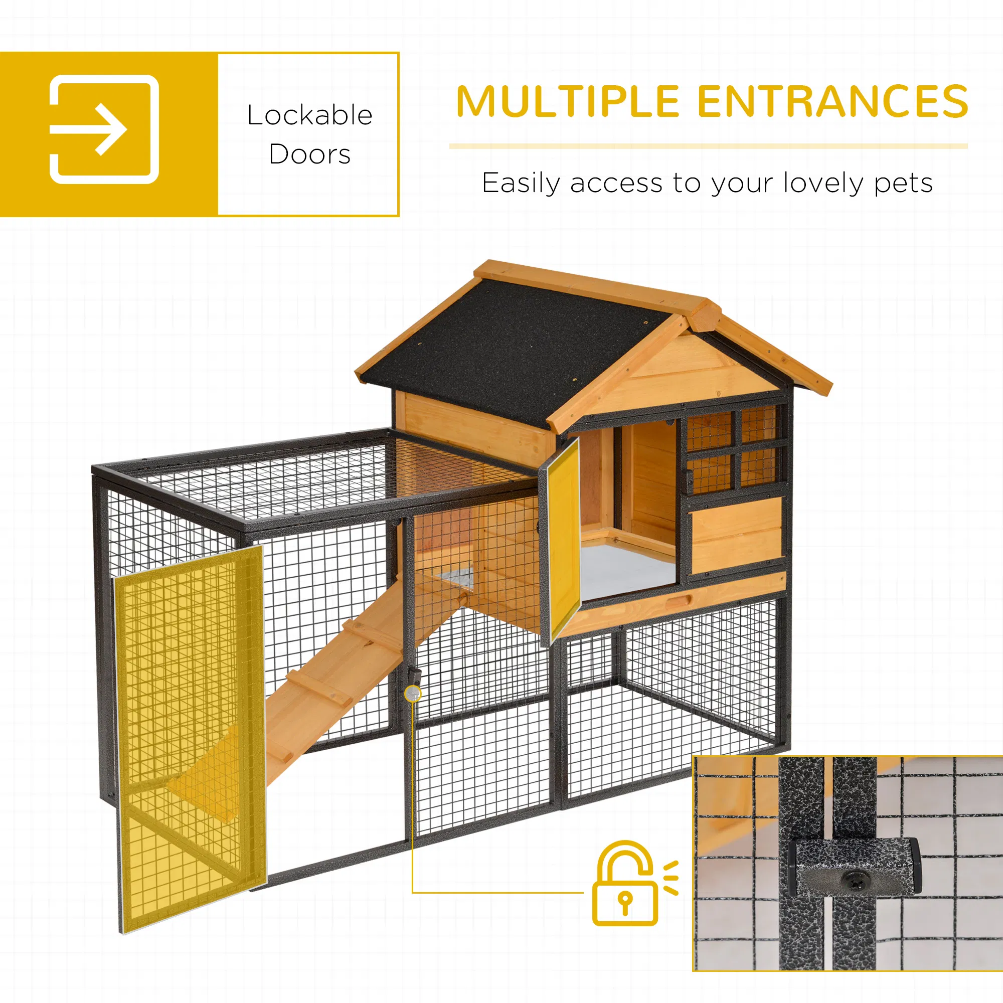 Wood-Metal Large Rabbit Hutch Bunny Cage Pet House Small Animal Habitat with Slide-Out Tray, Lockable Door, Water-Resistant Asphalt Roof, Outdoor Indoor Use, 48"x25"x36" — image 5