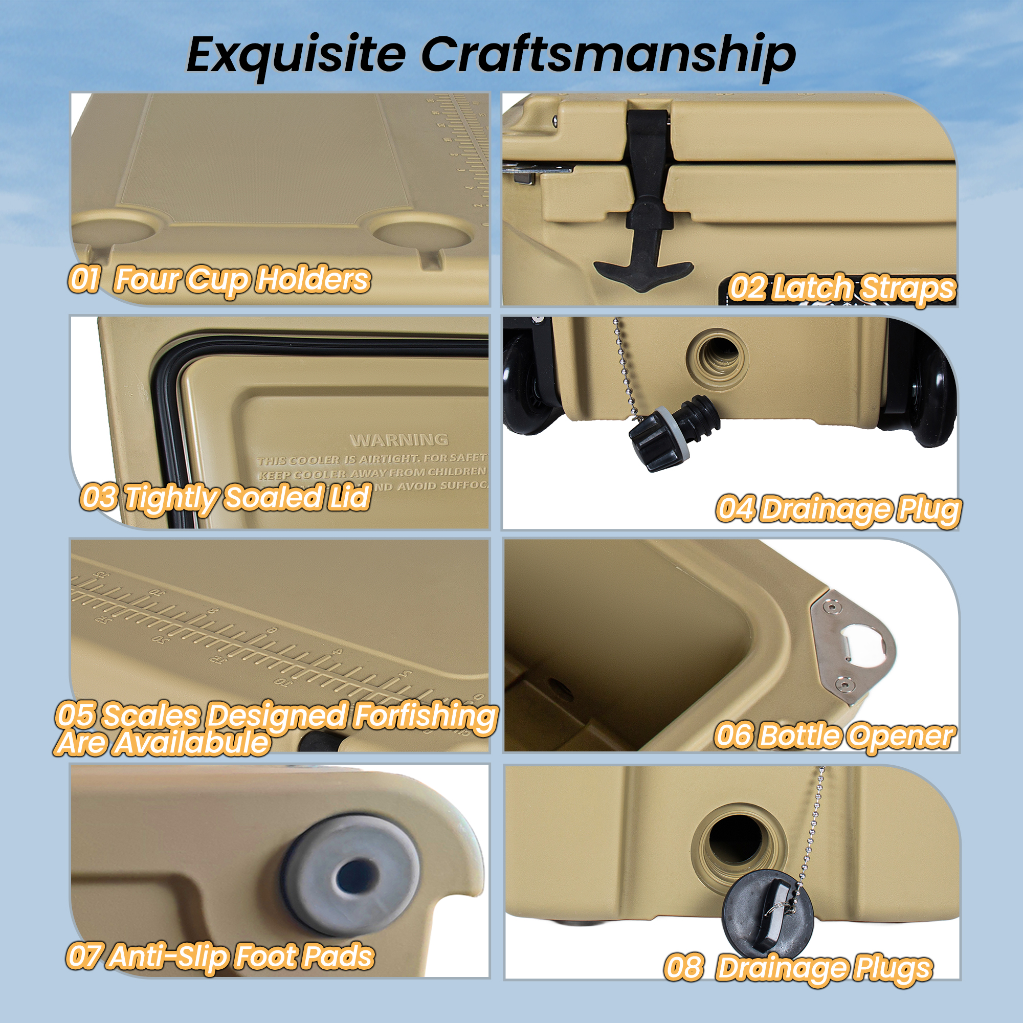 110 Litros Cooler Khaki, Caja de Hielo Rotomoldada con Aislamiento para 6-10 Días - Reserva Pesada de Concha Dura para Camping, Pescar, Fiestas en el Estacionamiento y Aventuras al Aire Libre — imagen 3