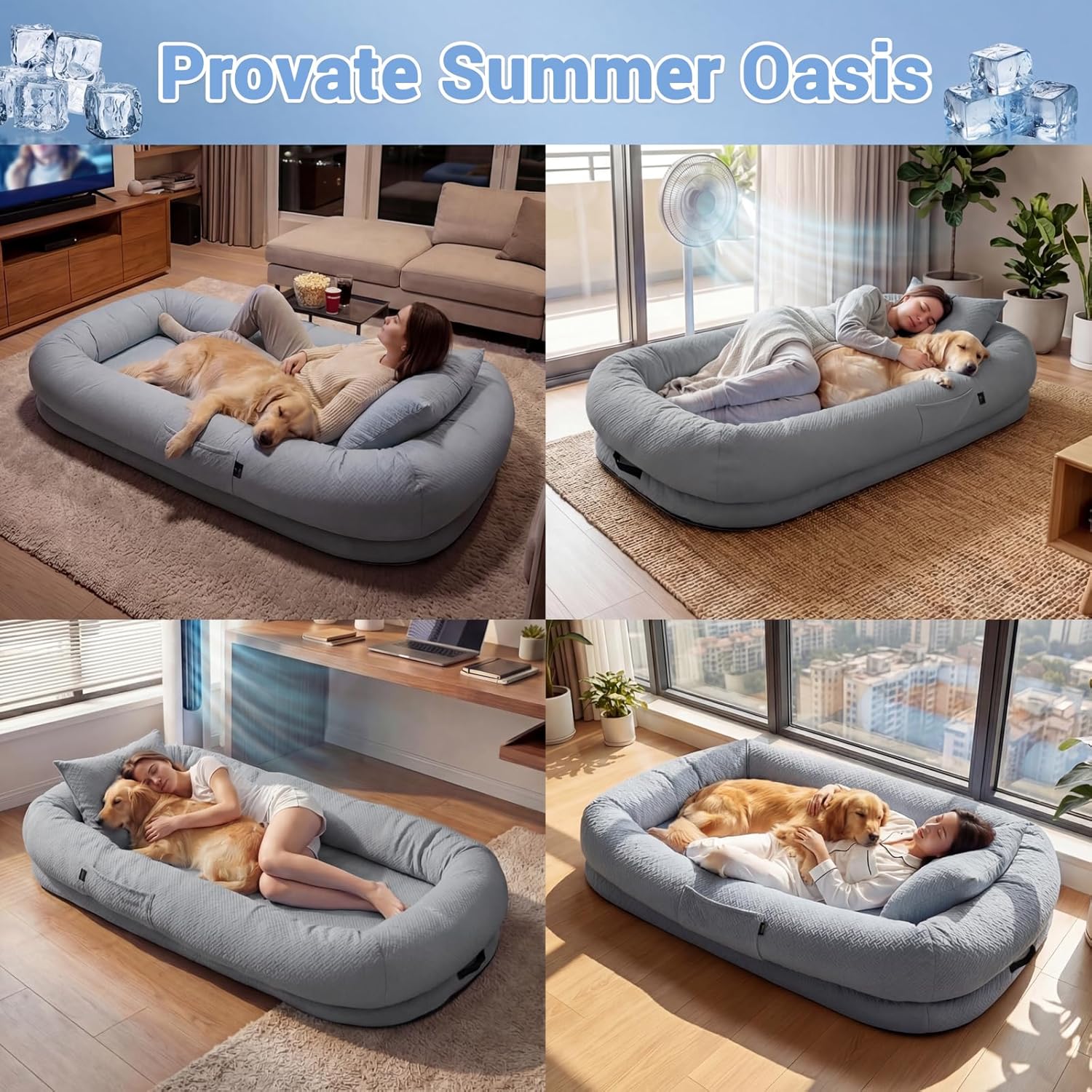 Manta de Enfriamiento para Perros y Humanos - Silla de Piso Transitable, 72'' x 41'' x 12'', Gris Glaciar: Perfecto para Descansar en Verano — imagen 6