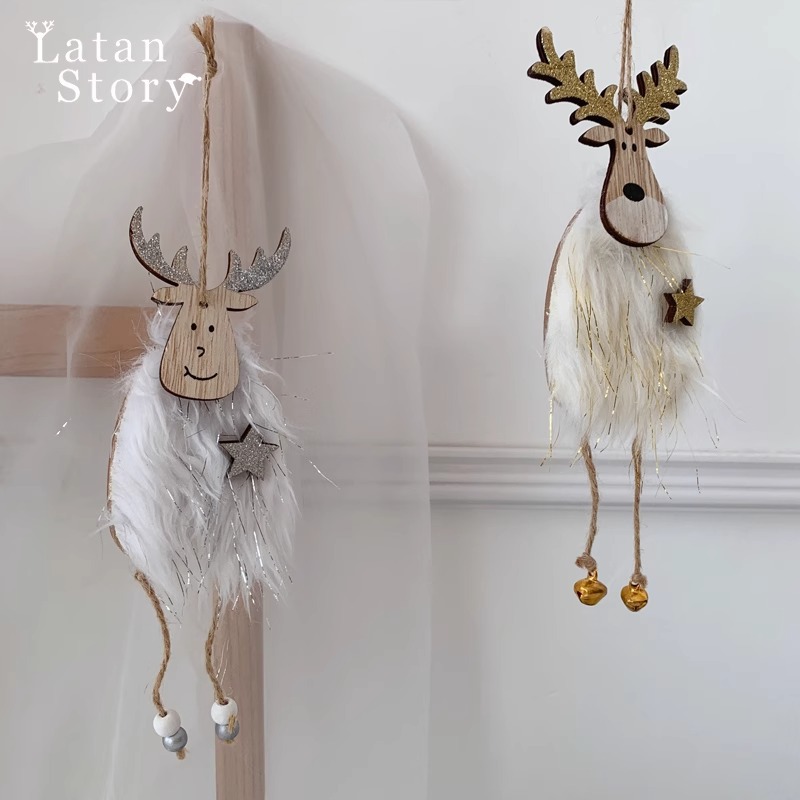 Creative Reindeer Ornament for Christmas Decoration, Plush Wooden Reindeer Craft Hanging Decor — image 4