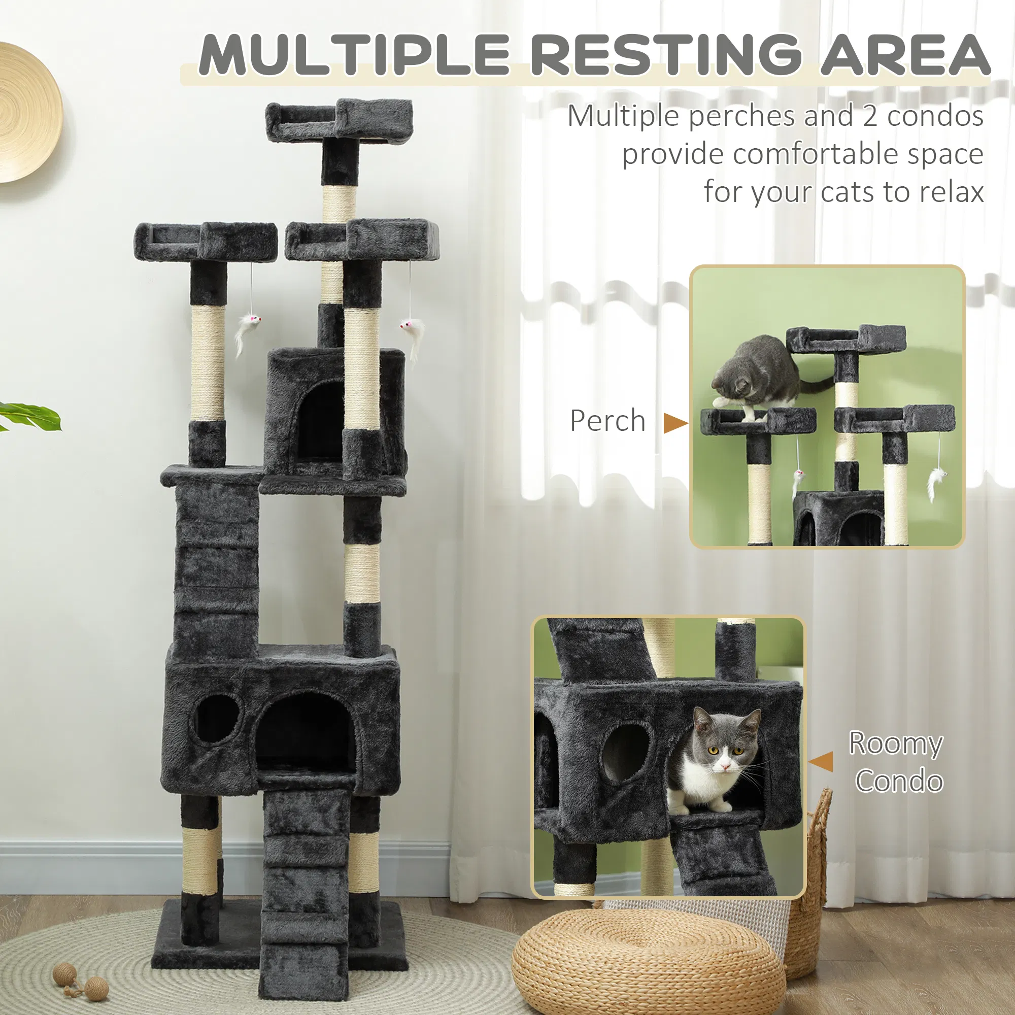 68-inch Multi-Level Cat Scratching Tree Kitty Activity Center Post Tower Condo Pet Furniture w/ Toy Grey — image 3