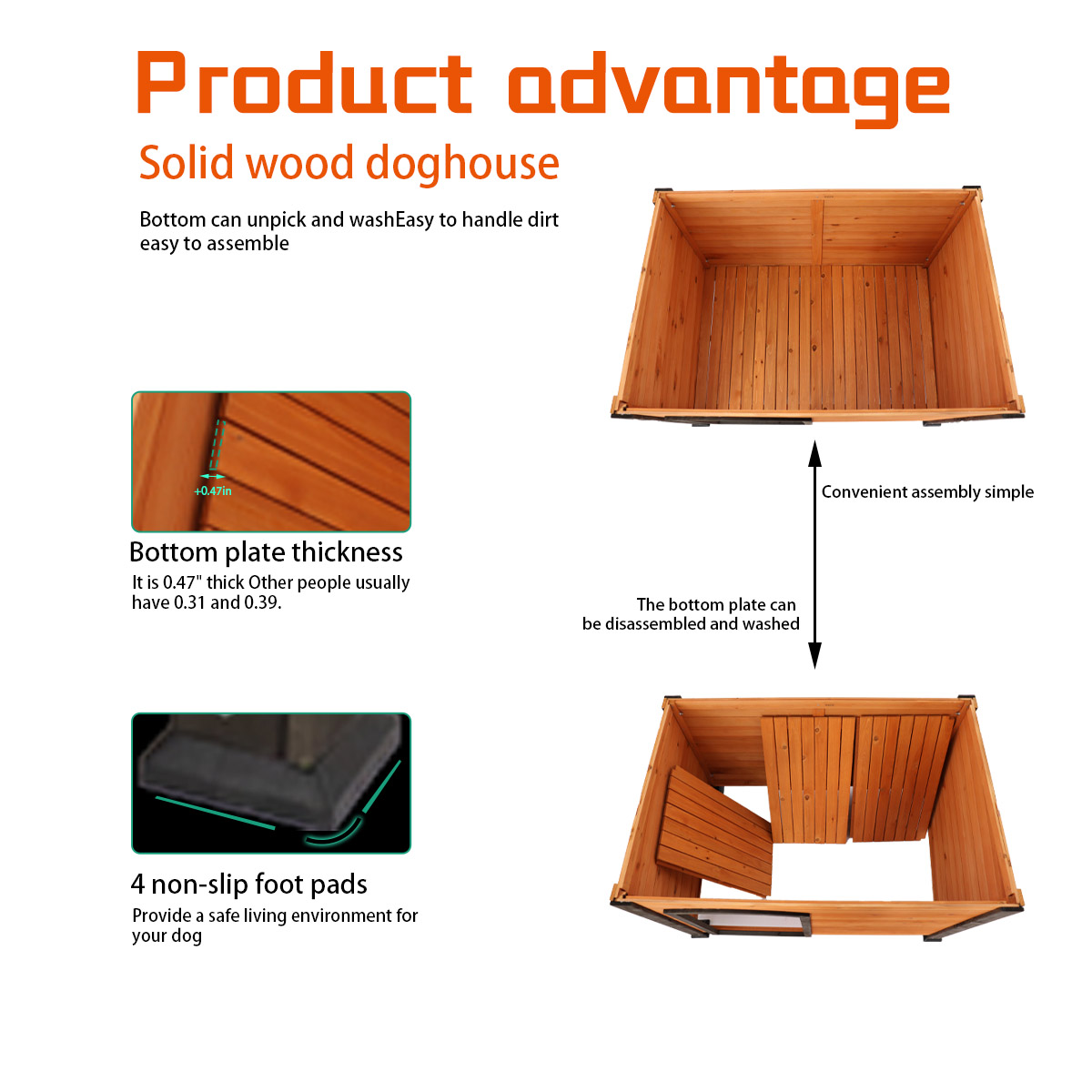 Casa para perro de 45" para exterior e interior, caseta de madera con tira para invierno y patas elevadas, resistente a la intemperie para perros grandes, dorado, rojo y negro — imagen 5