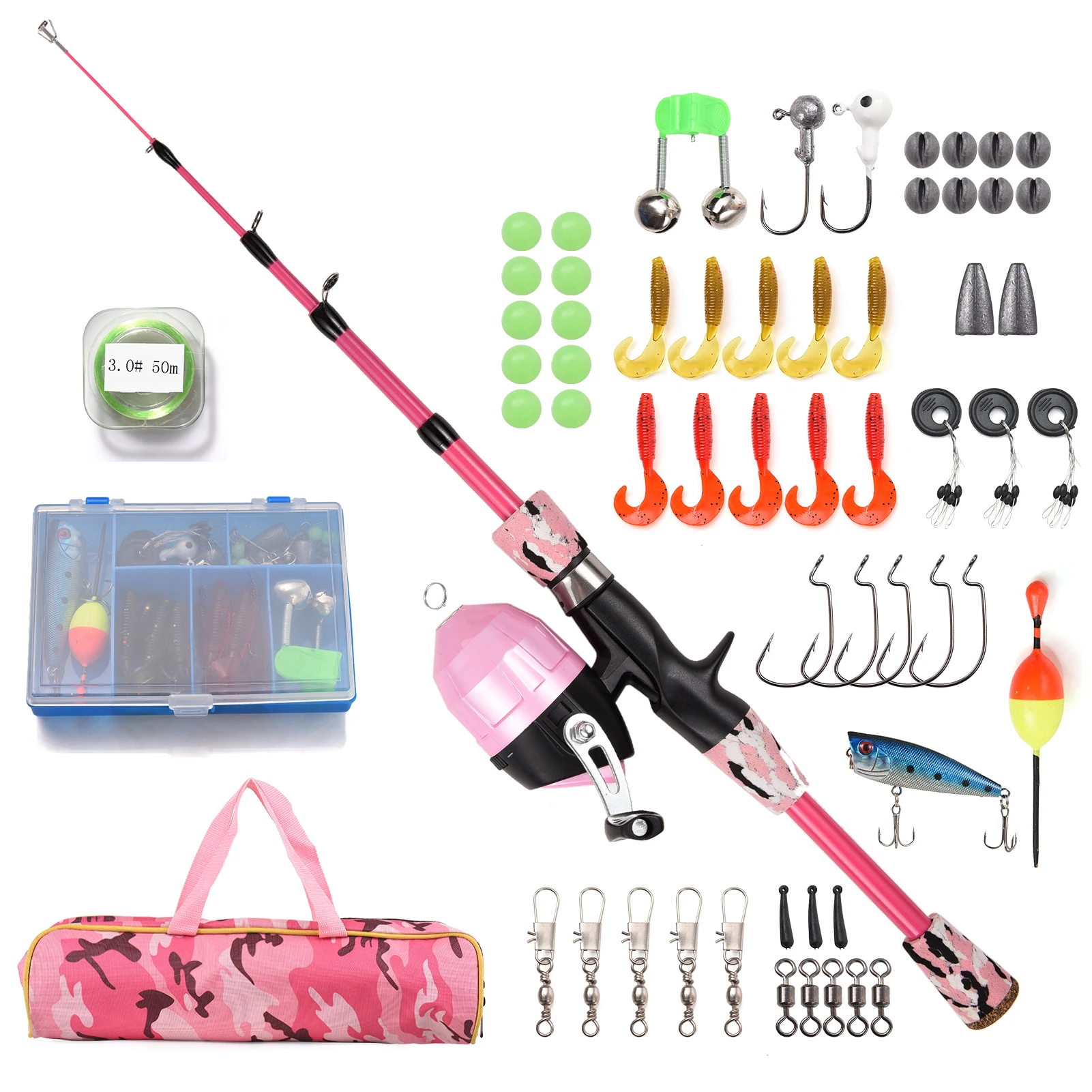 Fishing Rod and Reel Combo Full Kit 1.2m/1.5m Telescopic Casting Rod Pole with Spincast Reel and Hooks Lures Swivels bag — image 1