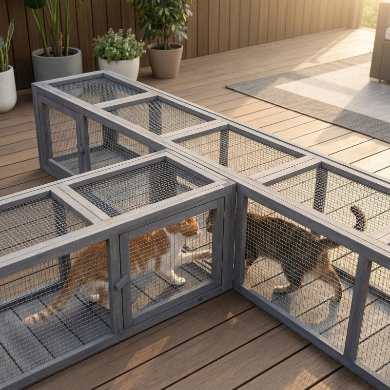 PawHut Wooden Cat Run With Weather Protection, Connecting Inside And Outside, Dark Gray — imagen 2