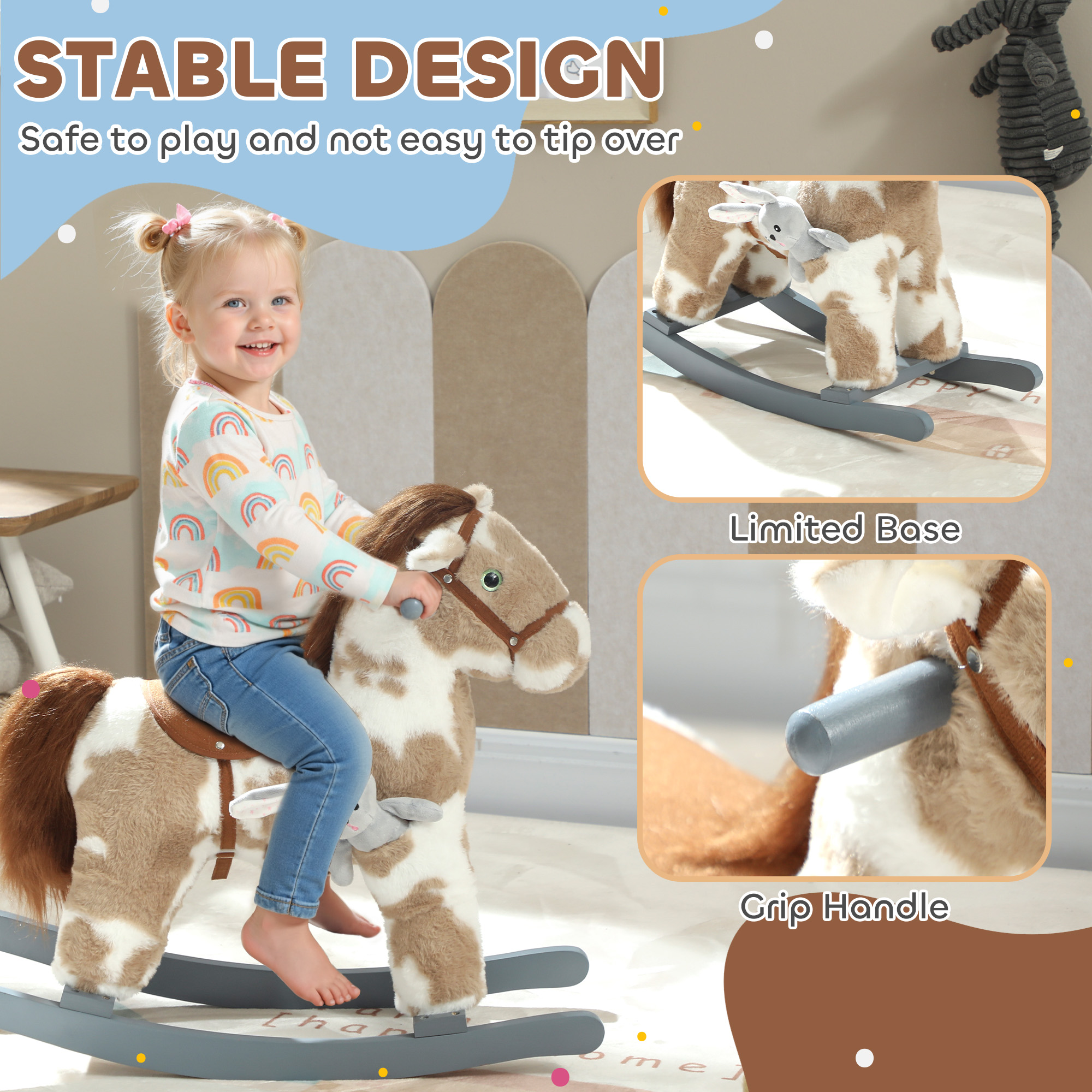 Caballo de Madera que Se Mueve, Caballito de Tela para Niños con Sonidos y Oso de Peluche para Aventuras Imaginativas de 2 a 5 Años, Marrón — imagen 6