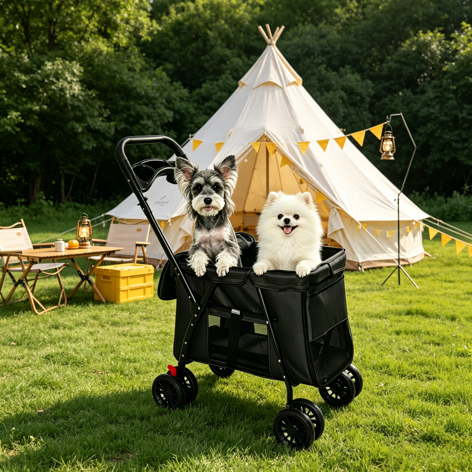 Carril de Mascotas Plegable 4-Ruedas, Malla Respirable para Perros y Gatos con Ruedas de Choque, Sistema de Freno, Plataforma de Almacenamiento, 2 Correas de Seguridad Fijas, Espacio Amplio para Pequeños a Medianos Animales, Negro — imagen 12