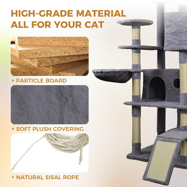 Dark Gray Cat Tree Tower With Wide Base, 3 Large Hinding Condo, 11 Sisal Scratching Post, Sisal Scratching Ladder, 2 Hammocks, Large Top Platform, Many Landing Perch And Interactive Toy — image 4