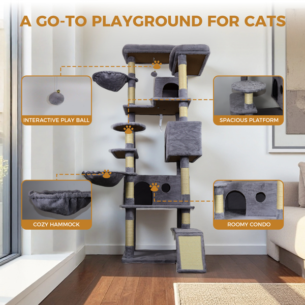 Dark Gray Cat Tree Tower With Wide Base, 3 Large Hinding Condo, 11 Sisal Scratching Post, Sisal Scratching Ladder, 2 Hammocks, Large Top Platform, Many Landing Perch And Interactive Toy — image 5