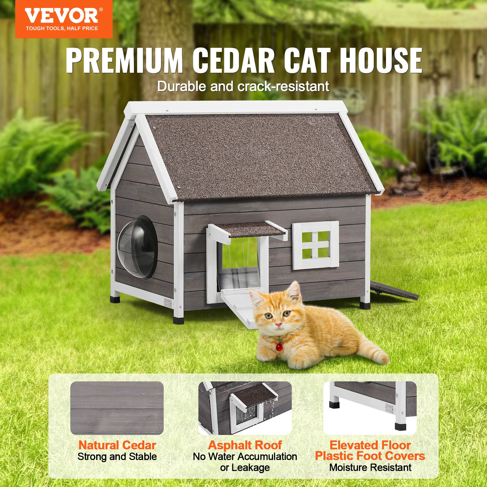 Casa para Gatos al Aire Libre Resistente al Tiempo, Refugio para Gatos Ferales para Varios Gatos, Casa de Madera para Gatos con Puerta Grande y Flap PVC, Techo Abierto, Ventana Claro, 22"L x 30"W x 26"H — imagen 2