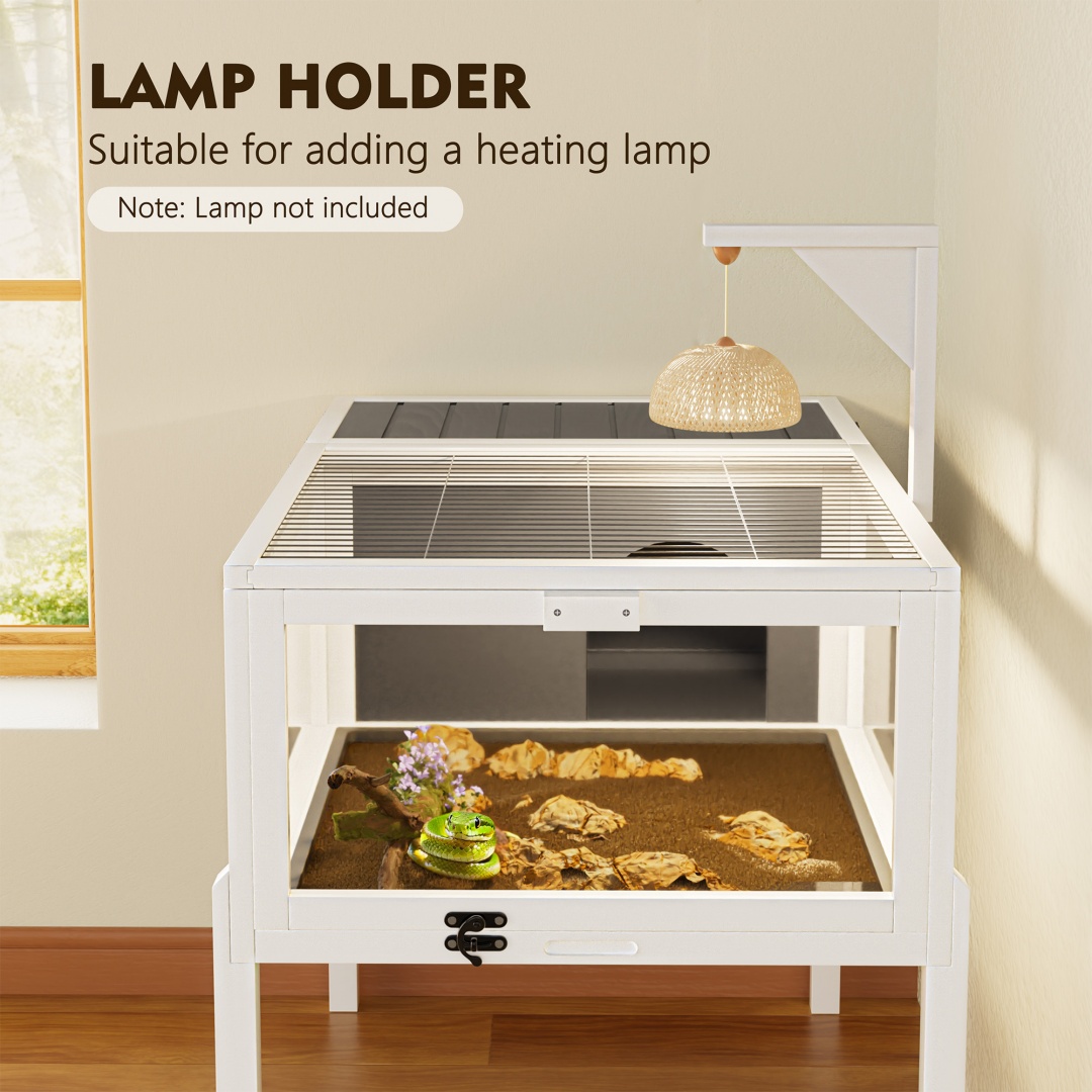 Hábitat de Reptiles Casa para Tortugas con Soporte de Lámpara, Gran Ventana de Observación, 2 Platos Impermeables, Patas Desmontables, Encierro de Madera Fácil de Limpiar para Tortugas, Lagartos, Geckos y Pequeños Animales Interior y Exterior — imagen 18