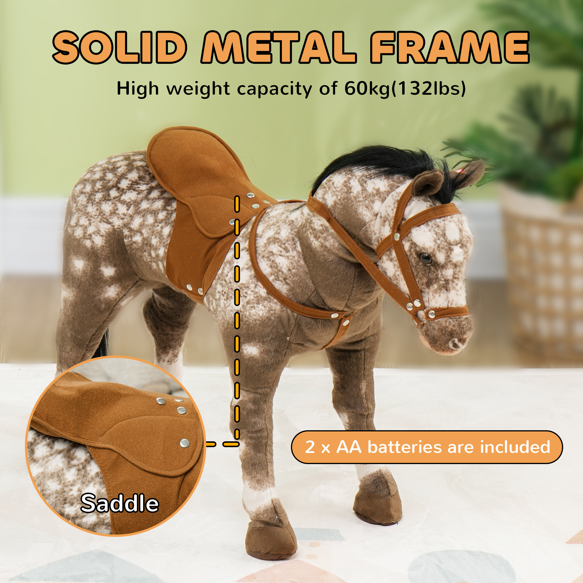 Kids Ride on Horse with Neighing Sound, Saddle for Ages 3-8 — image 2