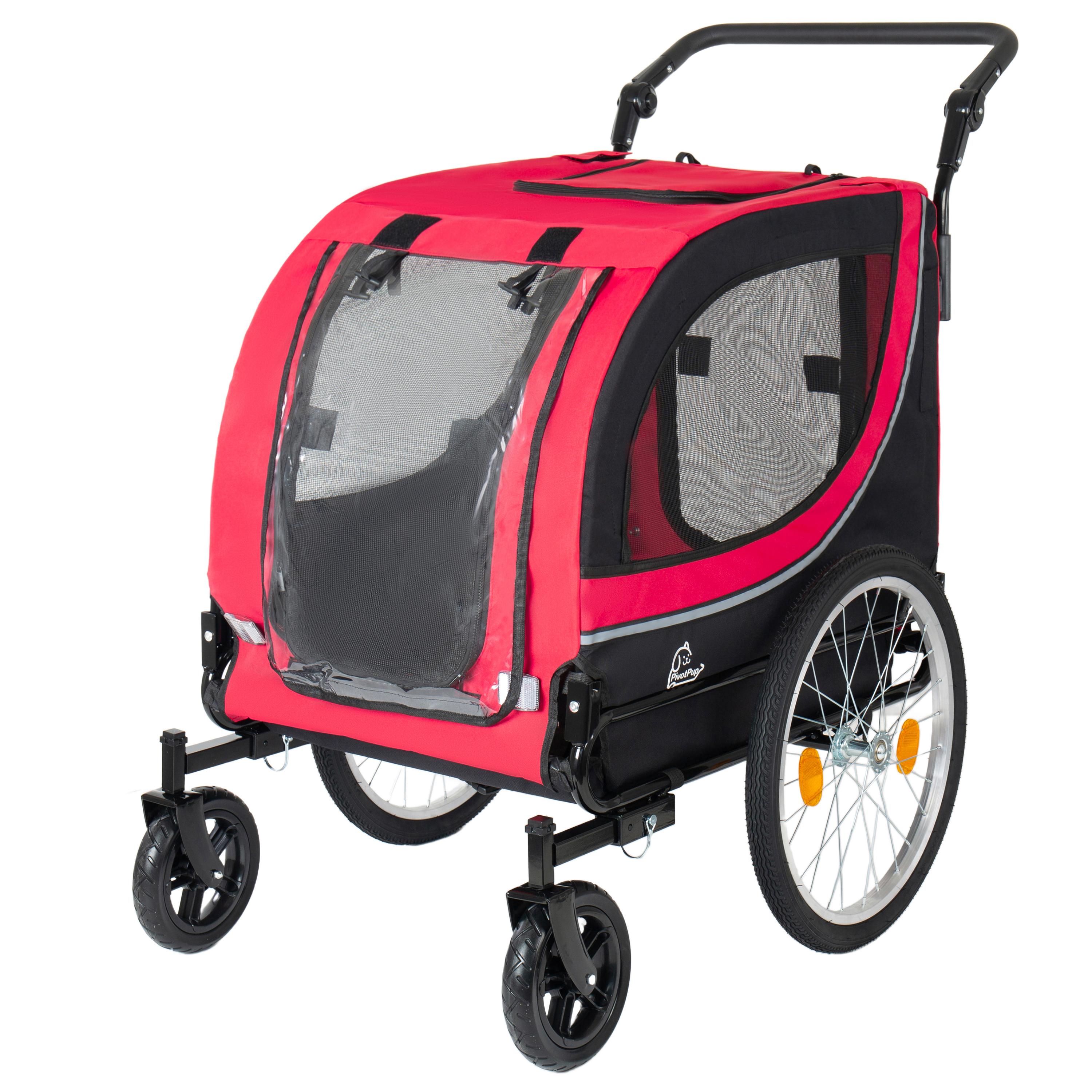 2-in-1 Bike Trailer & Pet Stroller For Dogs Up To 100lbs Foldable Pet Carrier Cart With Two 8 Front Caster & 20 Quick Release Air-Filled Wheels, Breathable Mesh And PVC Rain Cover, Red — imagen 3