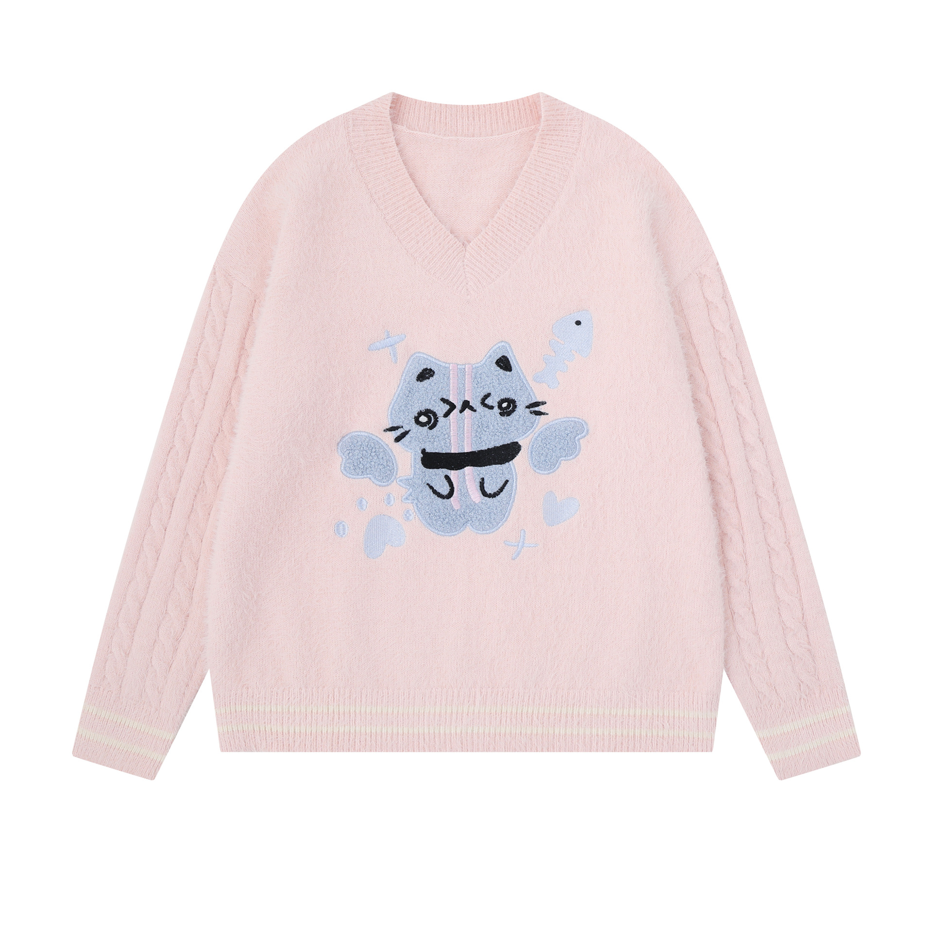 Cartoon Kitten Flocked Long Sleeve V-Neck Women's Sweater — image 3