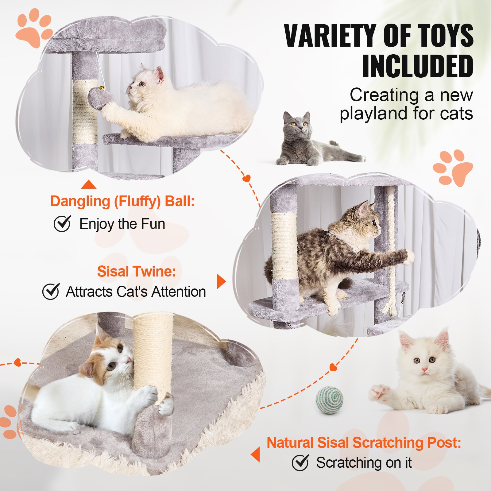 Árbol para Gatos de Interior, 72" Torre para Gatos con 2 Condos, Poste de Rastrillado Sisal, Hammock y Percha Superior, Plataformas Saltarinas, Centro de Actividad para Gatos Grande en Gris Claro — imagen 5