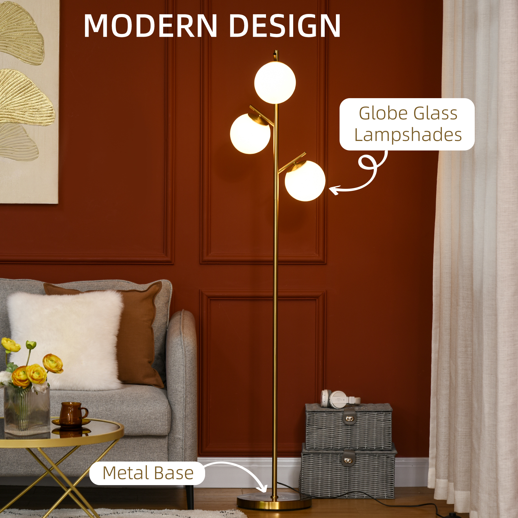 Lámpara de Suelo de Estilo Moderno con 3 Luces para Salón, Árbol con Sombrillas Esféricas en Oro — imagen 4