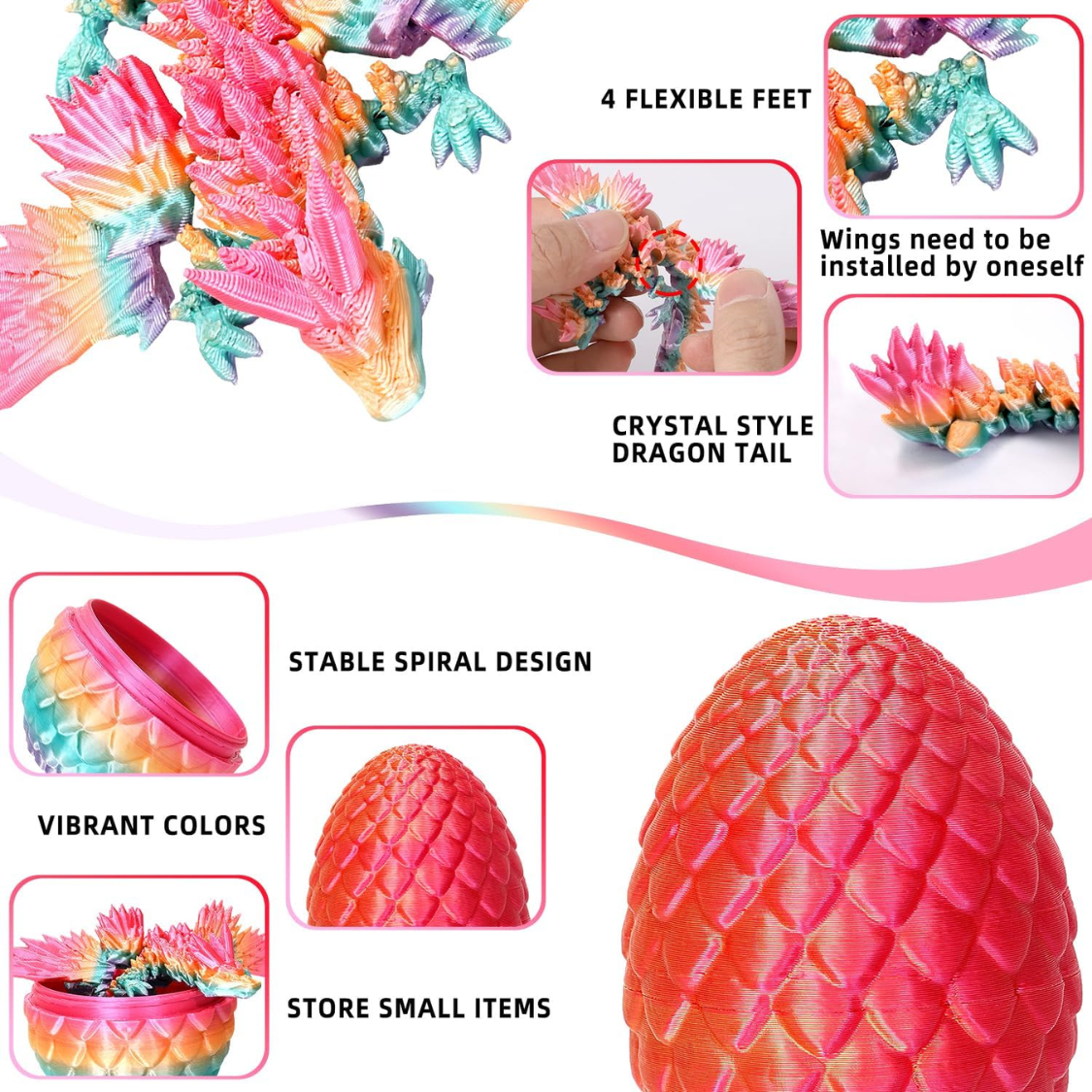 8 Pack 3D Printed Easter Dragon Eggs With Articulated Dragon Inside Mini Crystal Dragon Fidget Toys Mystery Mythical Animal Surprise Toys — image 2