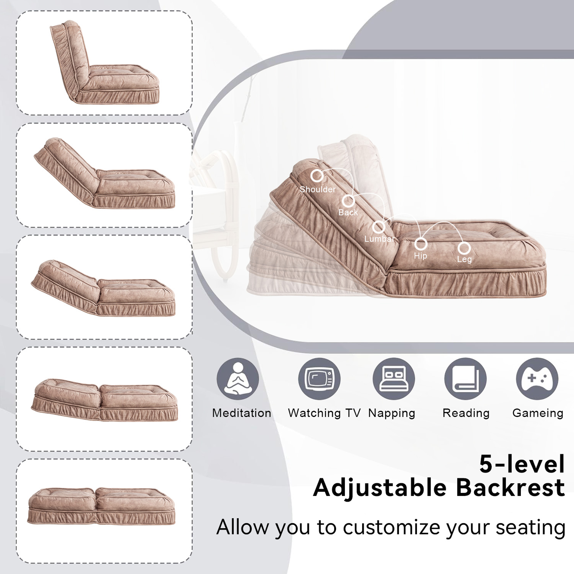 Upholstered Human Dog Bed for Adult & Pets, with 5 Adjustable Position & Massage Pillow, Bean Bag floor sofa with 2 Soft Pillows — image 14