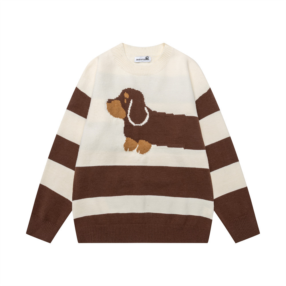 Color blocking striped cartoon dog round neck sweater — image 1