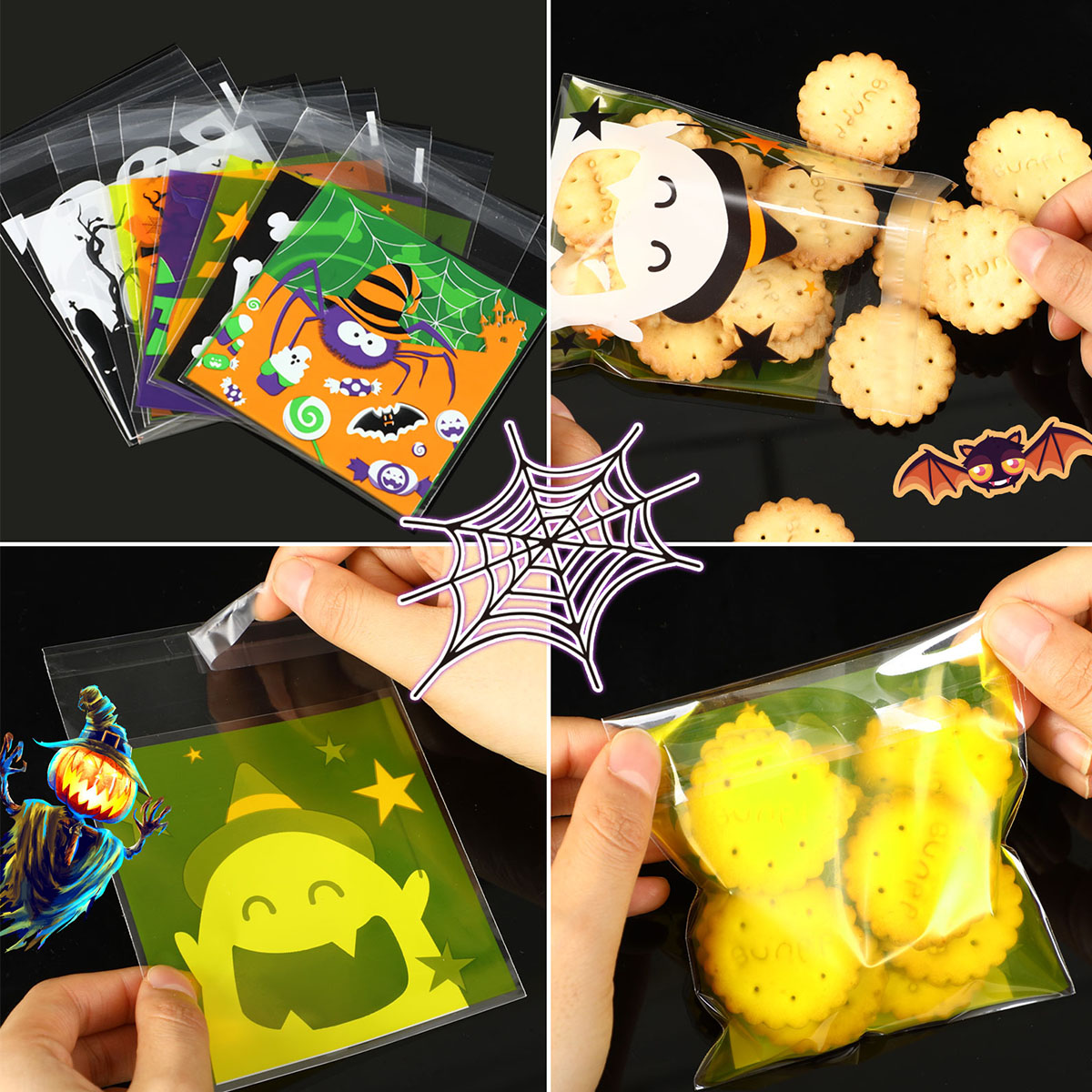 450 bolsas de celofán para dulces de Halloween, autoadhesivas y transparentes, para dulces y galletas, diseño de calabaza, fantasma, gato negro y calavera, bolsas de truco o trato para fiestas de cumpleaños y Halloween — imagen 7