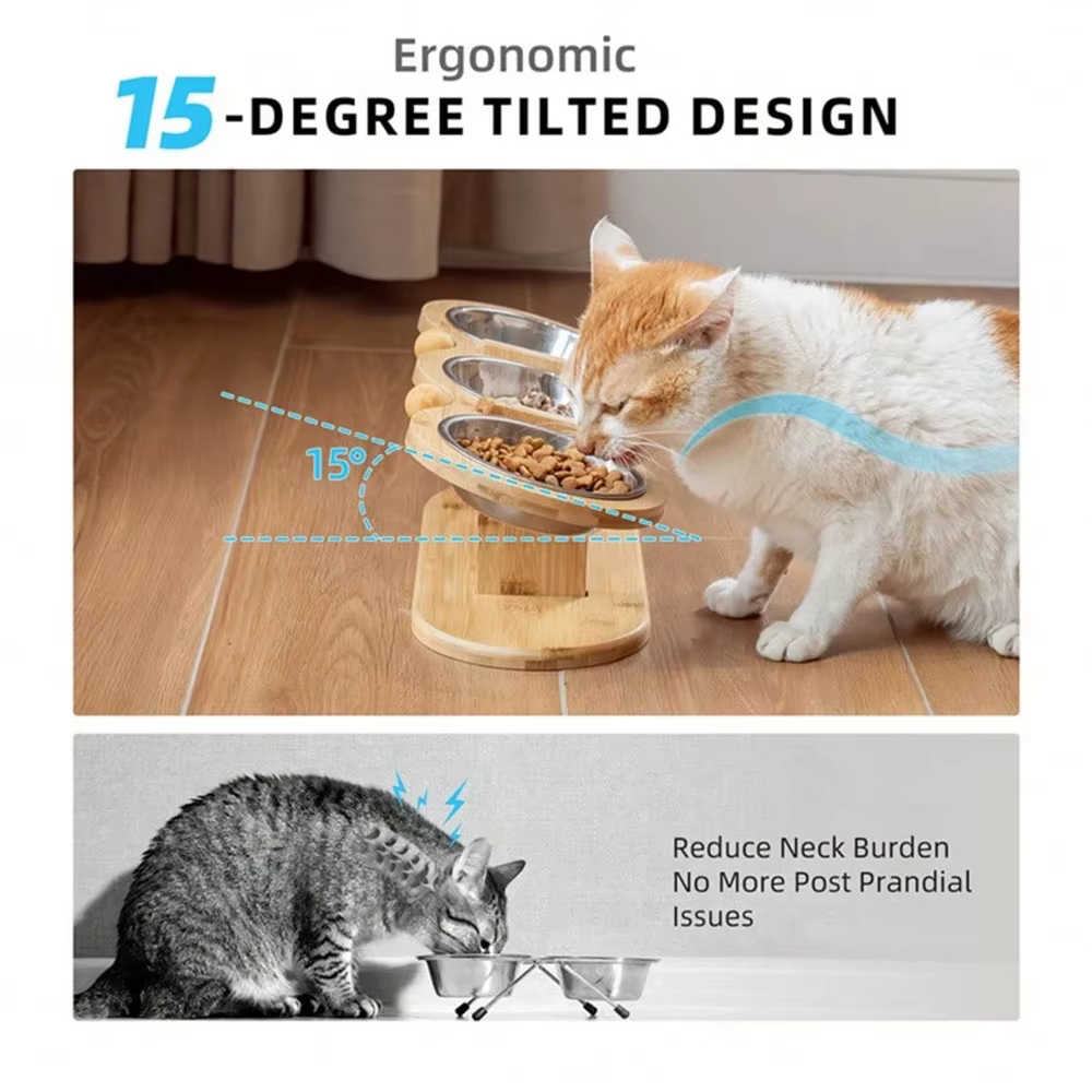 Tazones de 3 en 1 con Matriz de Almohadilla de Silicón para Comida, Pico y Agua con Tiltado de 15°, Mesa Elevada de Madera con 3 Tazones de Acero Inoxidable para Gatos y Perros — imagen 5