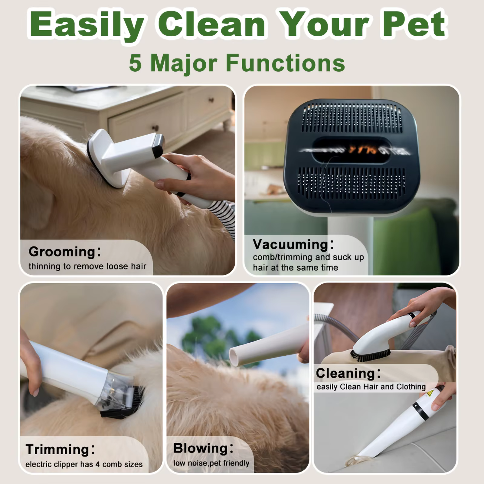 5-in-1 Pet Grooming Kit Professional Dog Hair Clipper Vacuum Dryer Low Noise Pet Grooming Trimmer Set with Multi Tools Professional Pet Grooming Vacuum Kit for Dogs Cats Hair Shedding Cleaning — image 2