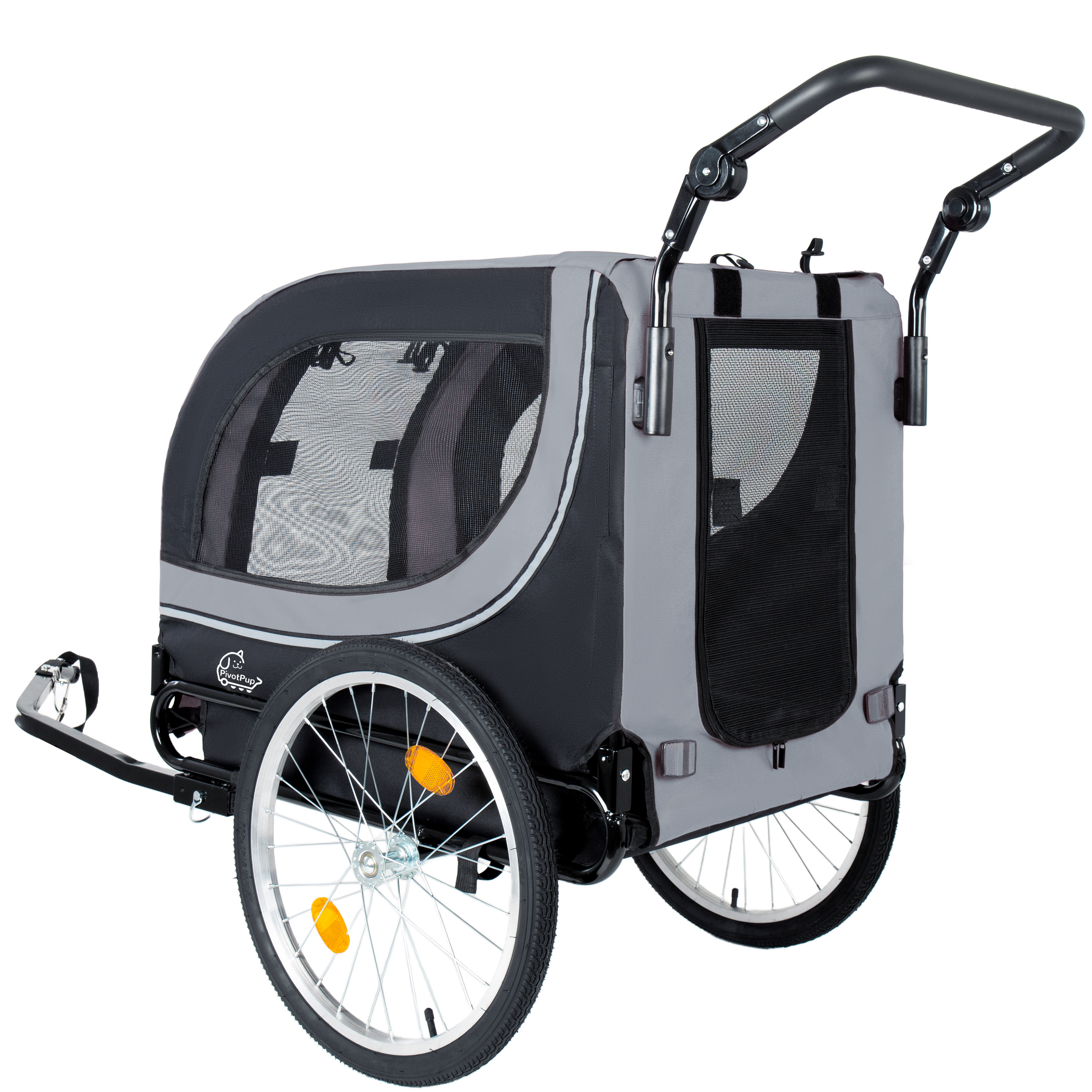 Remolque de Bicicleta y Cochecito para Mascotas 2 en 1 Para Perros de Hasta 100lbs Carrito Transportador Plegable con Dos Ruedas Delanteras de 8 y Ruedas Traseras de 20 Inflables de Liberación Rápida, Malla Transpirable y Cubierta para Lluvia de PVC, Gris — imagen 3