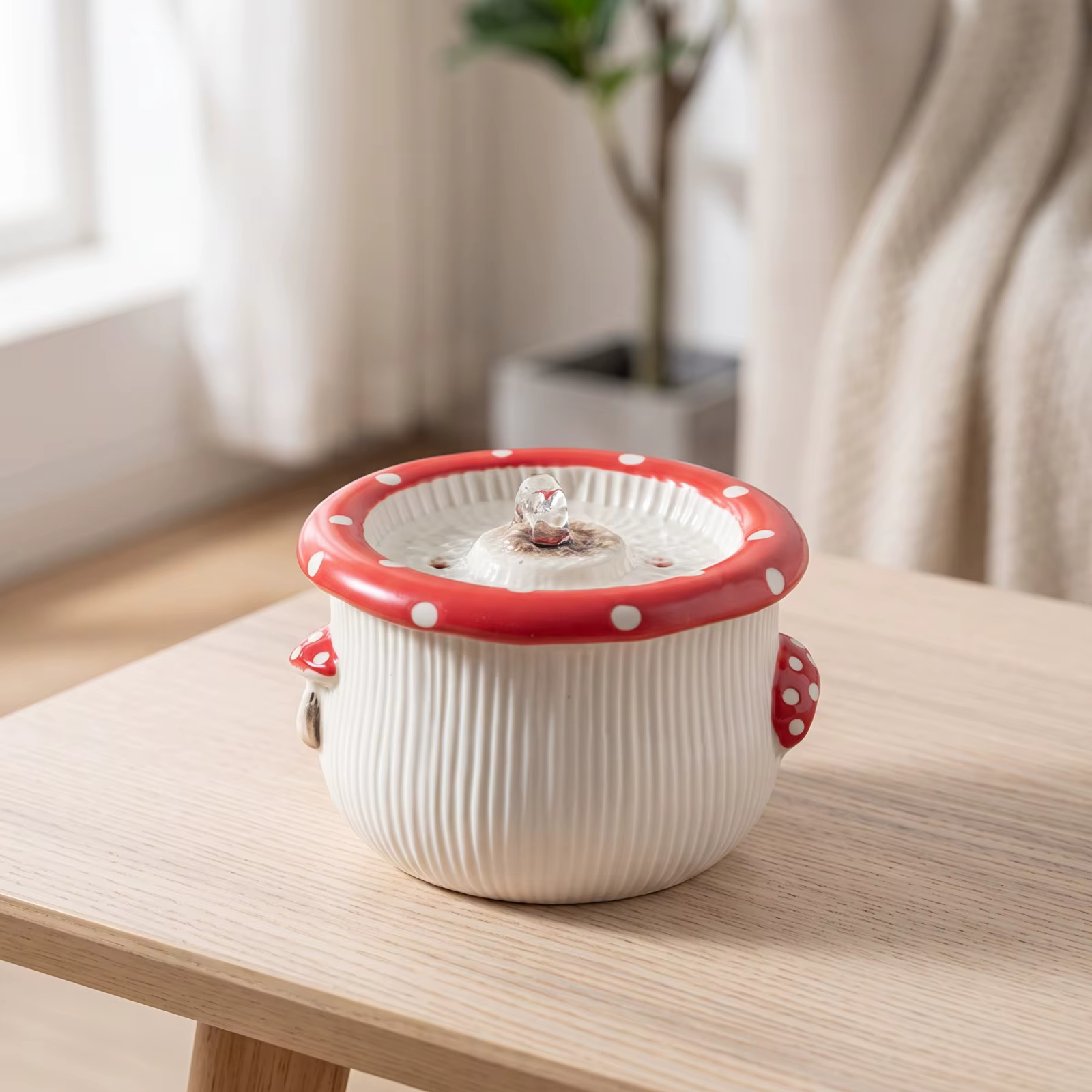 Ceramic Pet Fountain with Filter Pump Mushroom Themed Water Station Fresh Water Flow Easy to Place for Cat Owners — image 2