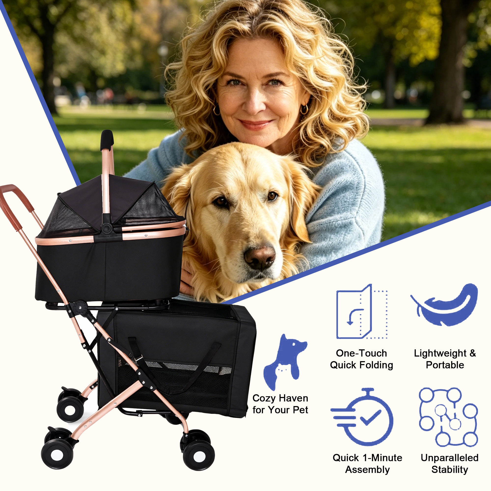 Cochecito Doble para Mascotas 3 en 1 para Perros y Gatos Pequeños y Medianos, Marco Plegable Convertible en Bolso Transportador, Ruedas Antichoque con Sistema de Freno, Doble Correa de Seguridad Fija para Hogares con Varias Mascotas — imagen 7