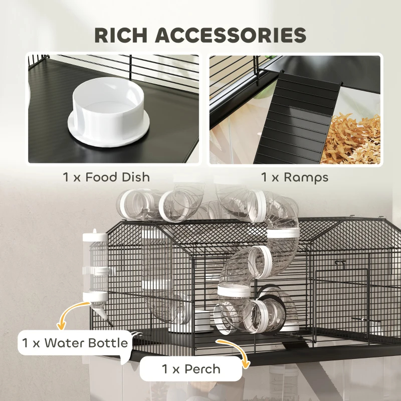 2 Tier Hamster Cage With 12 Deep Tray, Tube System, Water Bottle, Ramp, Feeding Bowl, Black — imagen 4