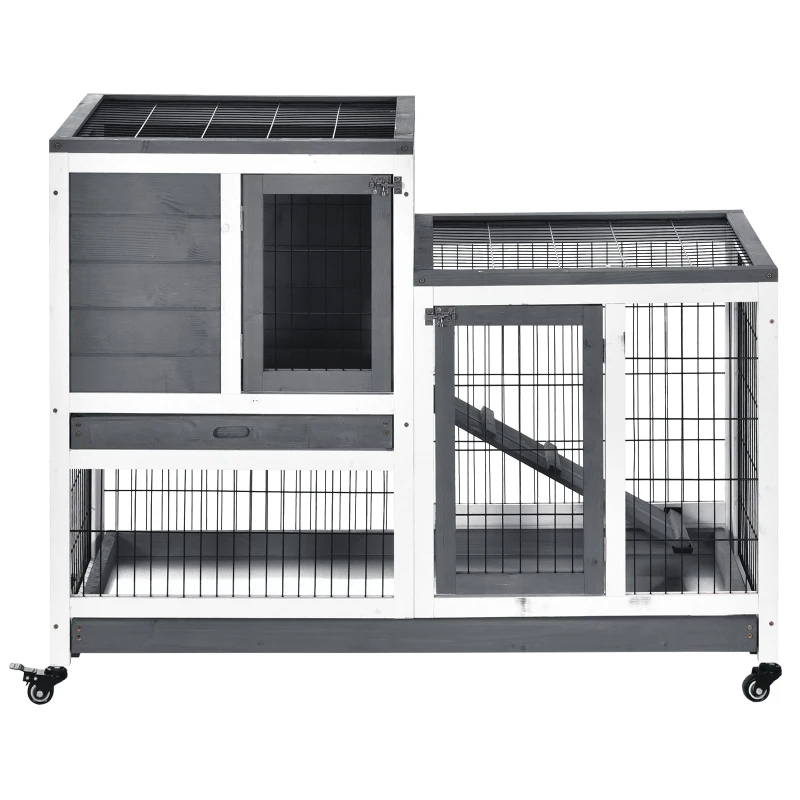 Wooden Rabbit Hutch Elevated Bunny Cage Indoor Small Animal Habitat With Enclosed Run With Wheels, Ramp, Removable Tray For Rabbits, Chickens, Ducks, Guinea Pigs, Gray — imagen 8