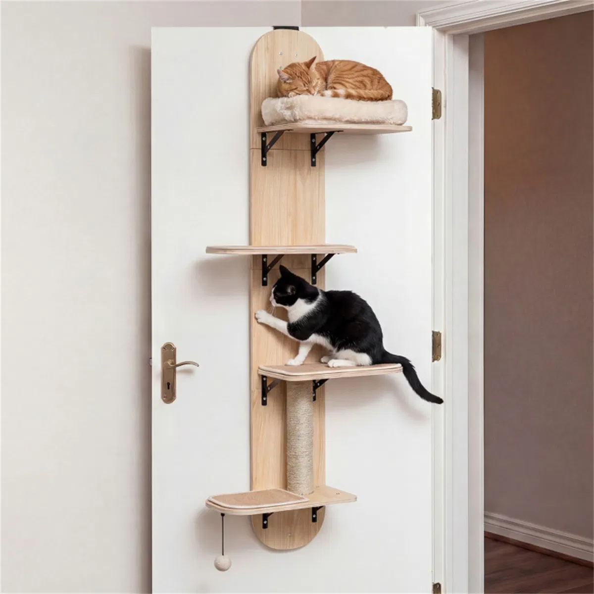 Door Hanging Cat Tree 5-Level Height Adjustable 4-Tier Climber No-Drill for Apartment Beige — image 1