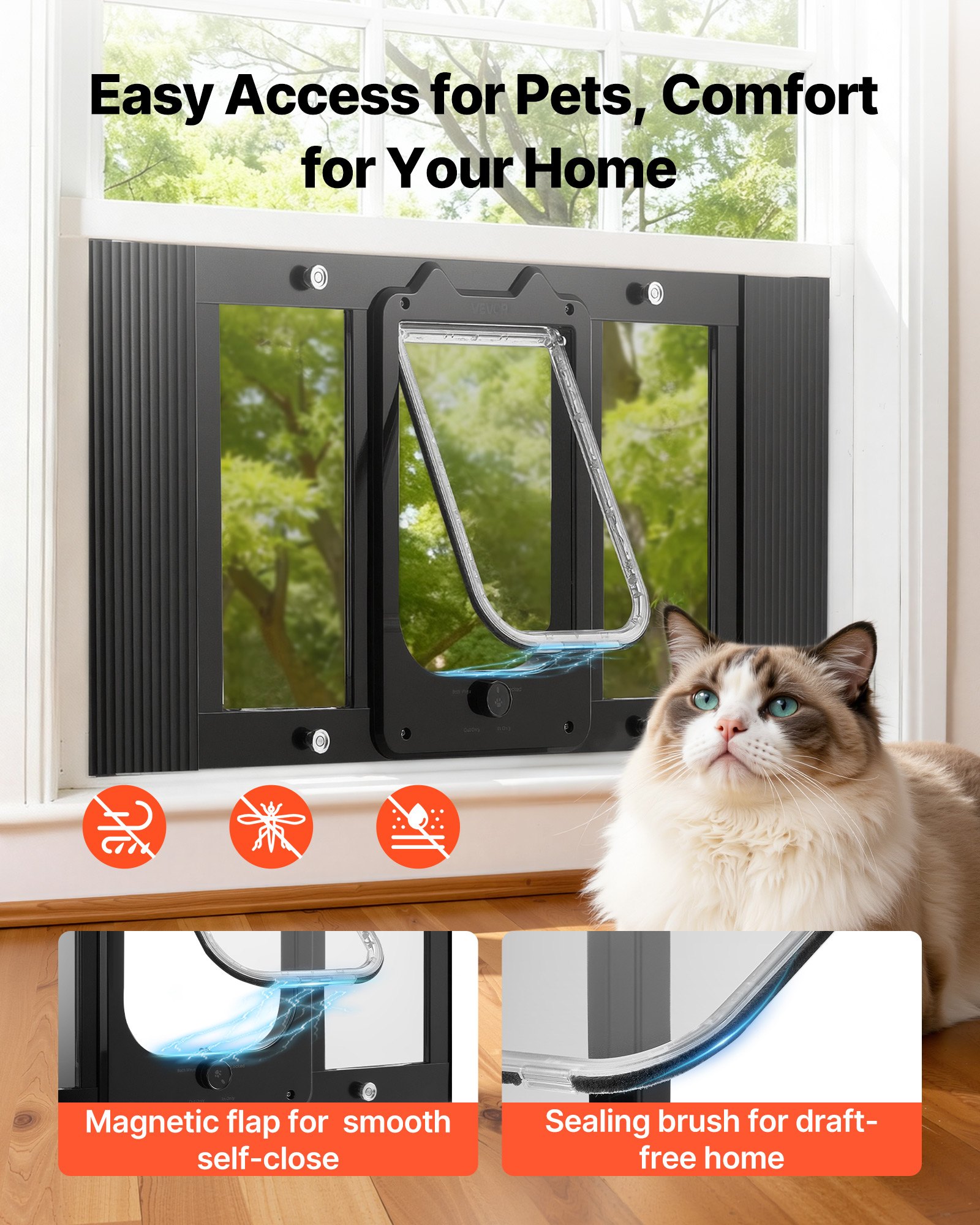 Puerta para Gatos en la Ventana, Ajustable 27"-32", 4 Modos de Cierre Seguro, Estructura de Aluminio y Vidrio de Alta Transparencia, Cierre Magnético, Puerta Rápida y Resistente al Tiempo para Mascotas, Negro — imagen 5