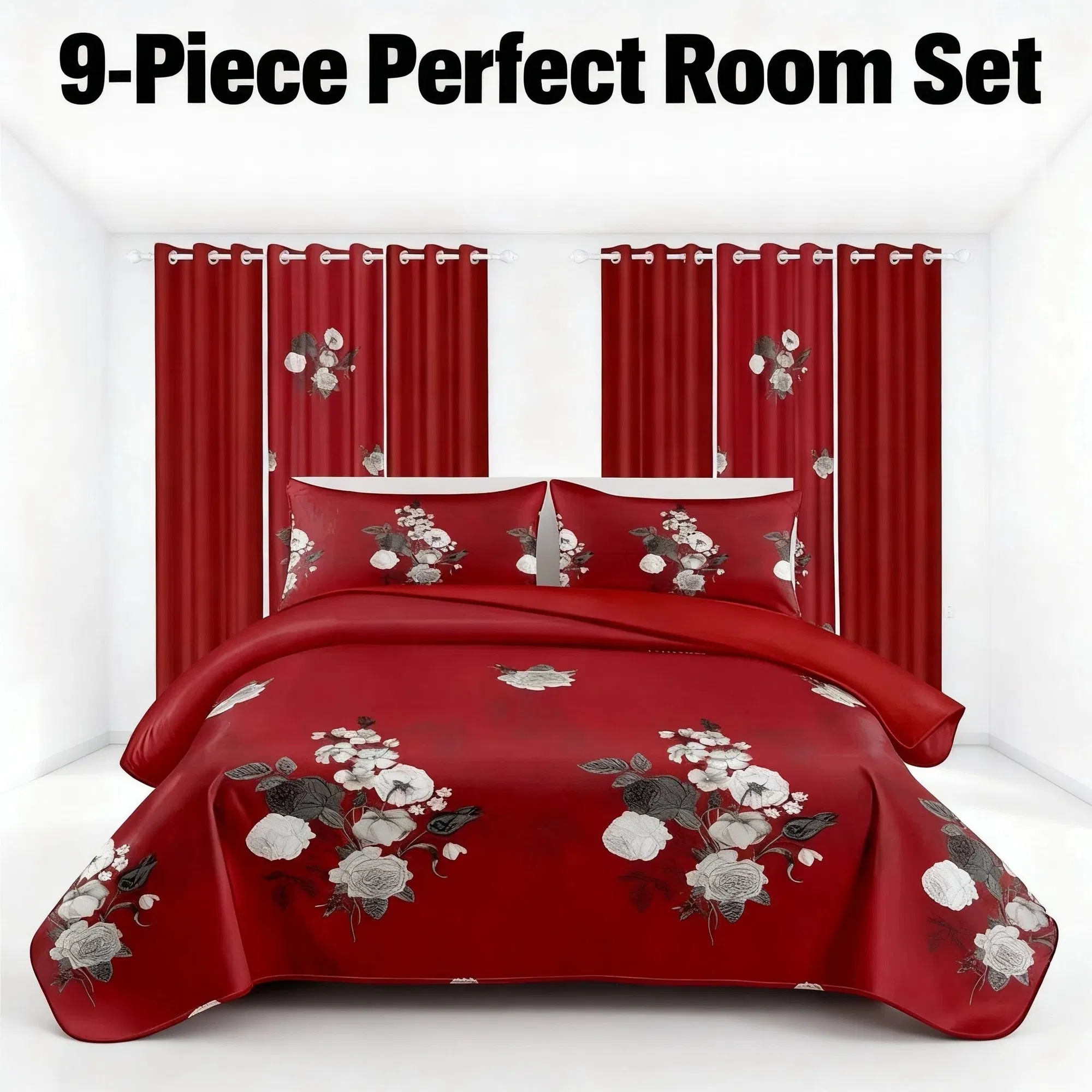 9-Piece Burgundy Red Floral Bedding & Curtain Combo Set, Vibrant Crimson Quilted Bedspread with 6 Light Filtering Window Panels & 2 Shams, Easy Care Microfiber Coverlet, Pet Friendly — image 1