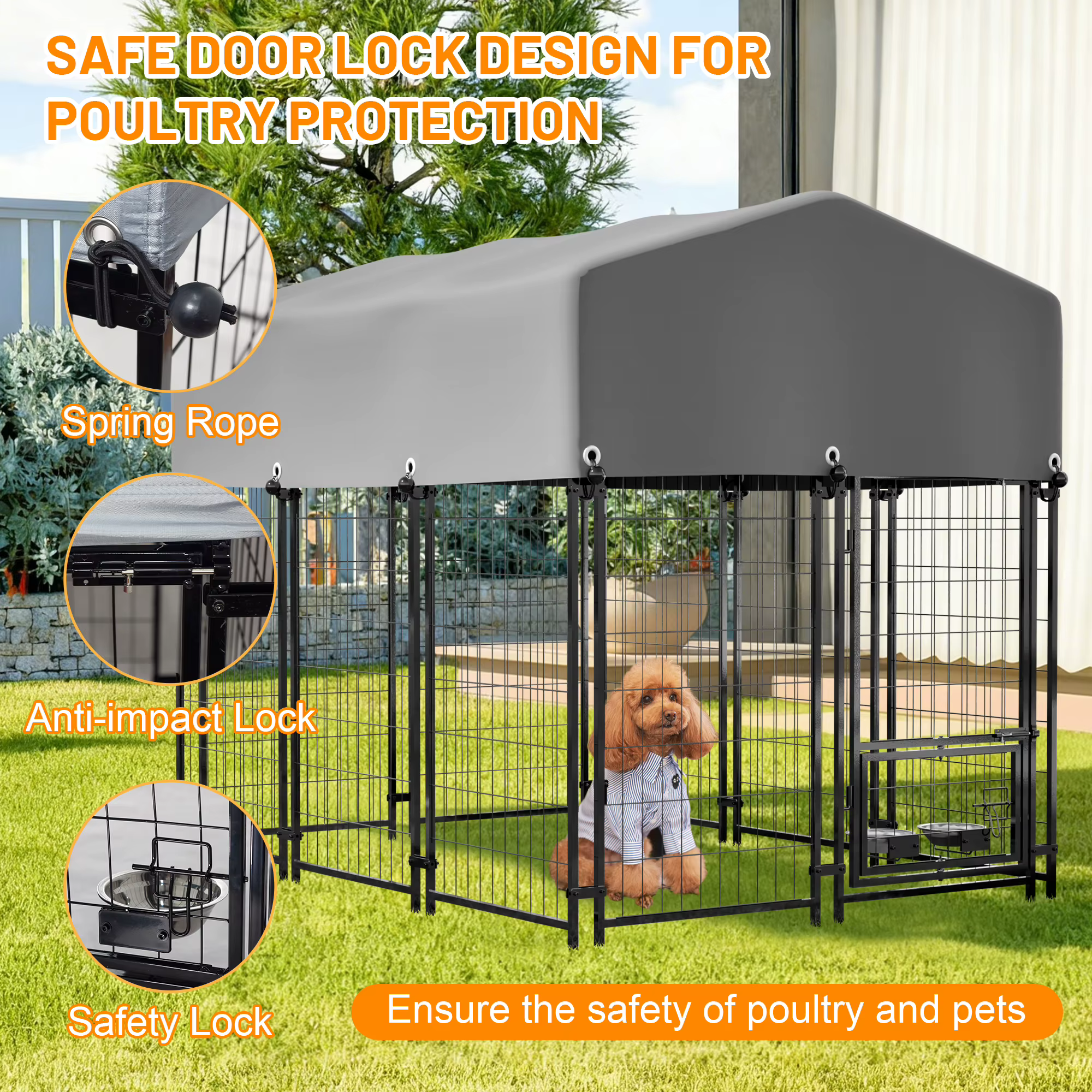 Cubo de Jaula Metálica Pesada con Cierre Doble y Alimentador Rotativo para Perros Impermeable UV — imagen 6