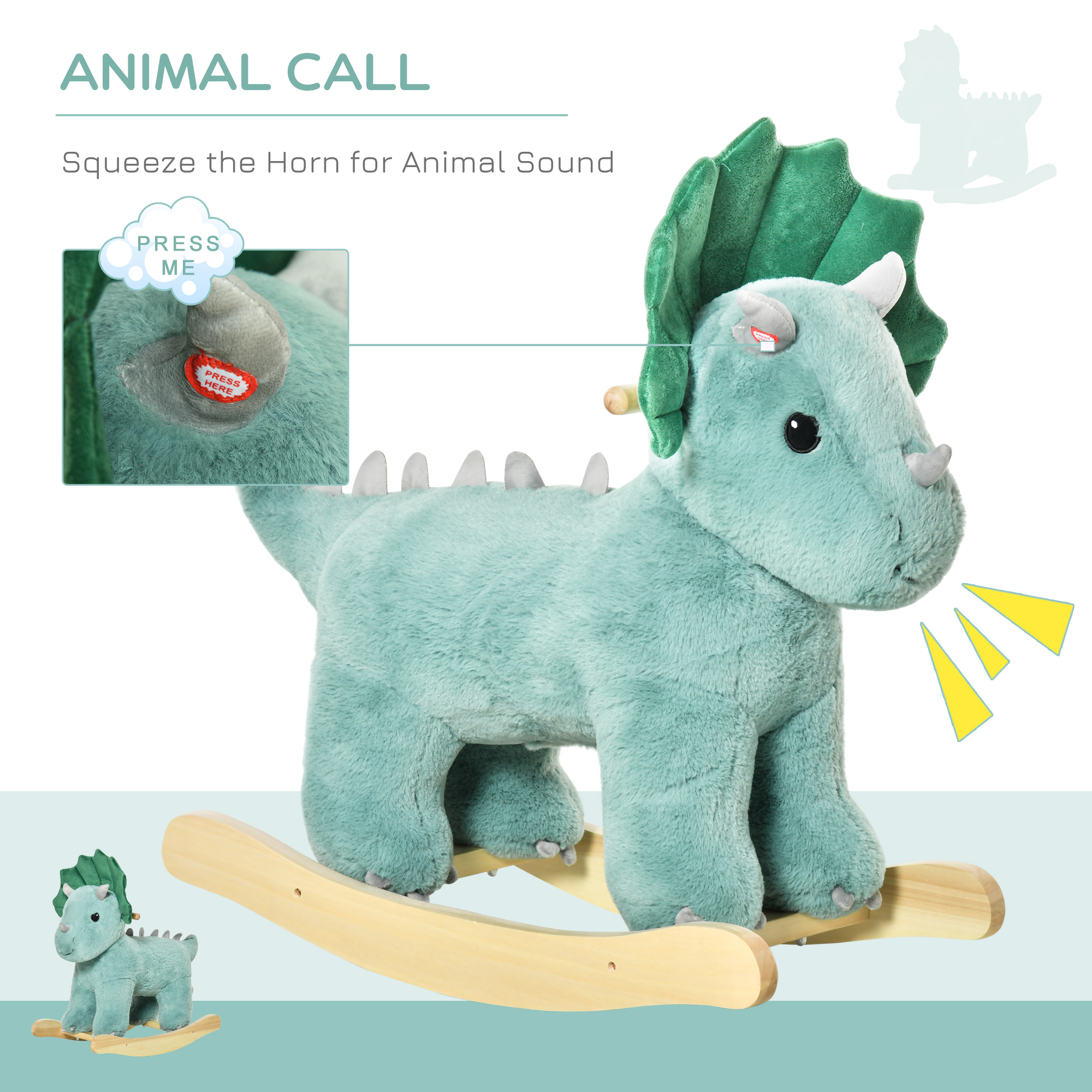 Kids Plush Ride-On Rocking Horse Triceratops-shaped Plush Toy Rocker with Realistic Sounds for Child 36-72 Months Green — imagen 6