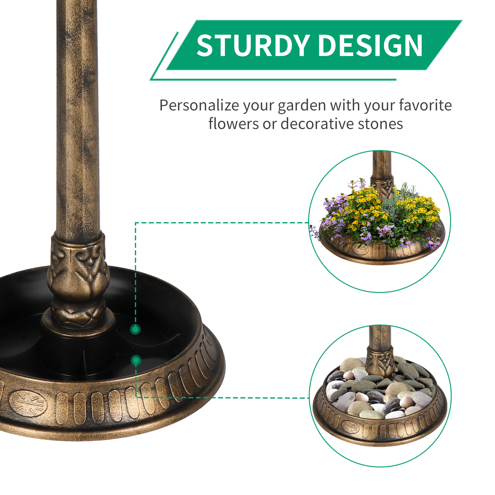 Bronze, With Solar Light, Bird Bath 51x51x106cm Plastic Round — image 8