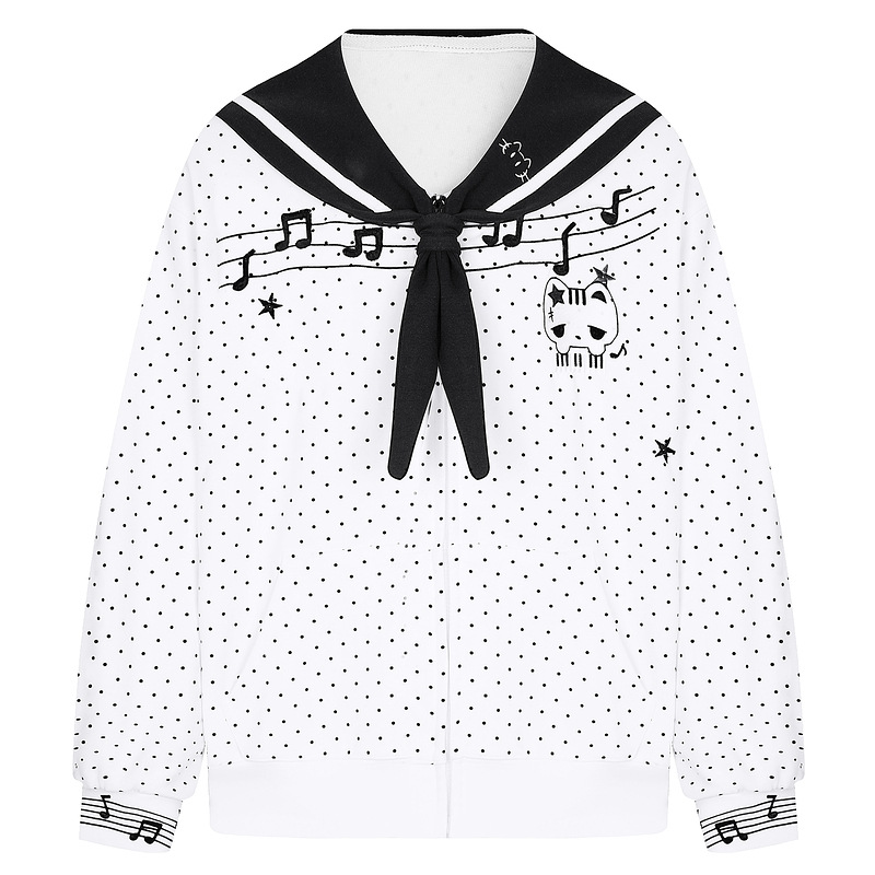 Black and white polka dot hoodie with cat embroidery jacket for women — image 2