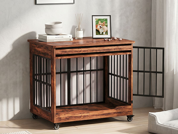 Dog Crate Furniture, Double Door Wooden Indoor Dog Kennel Furniture, Decorative Pet Cage End Table With Wheels For Medium And Small Breed Dogs, Size M, Greige — image 11