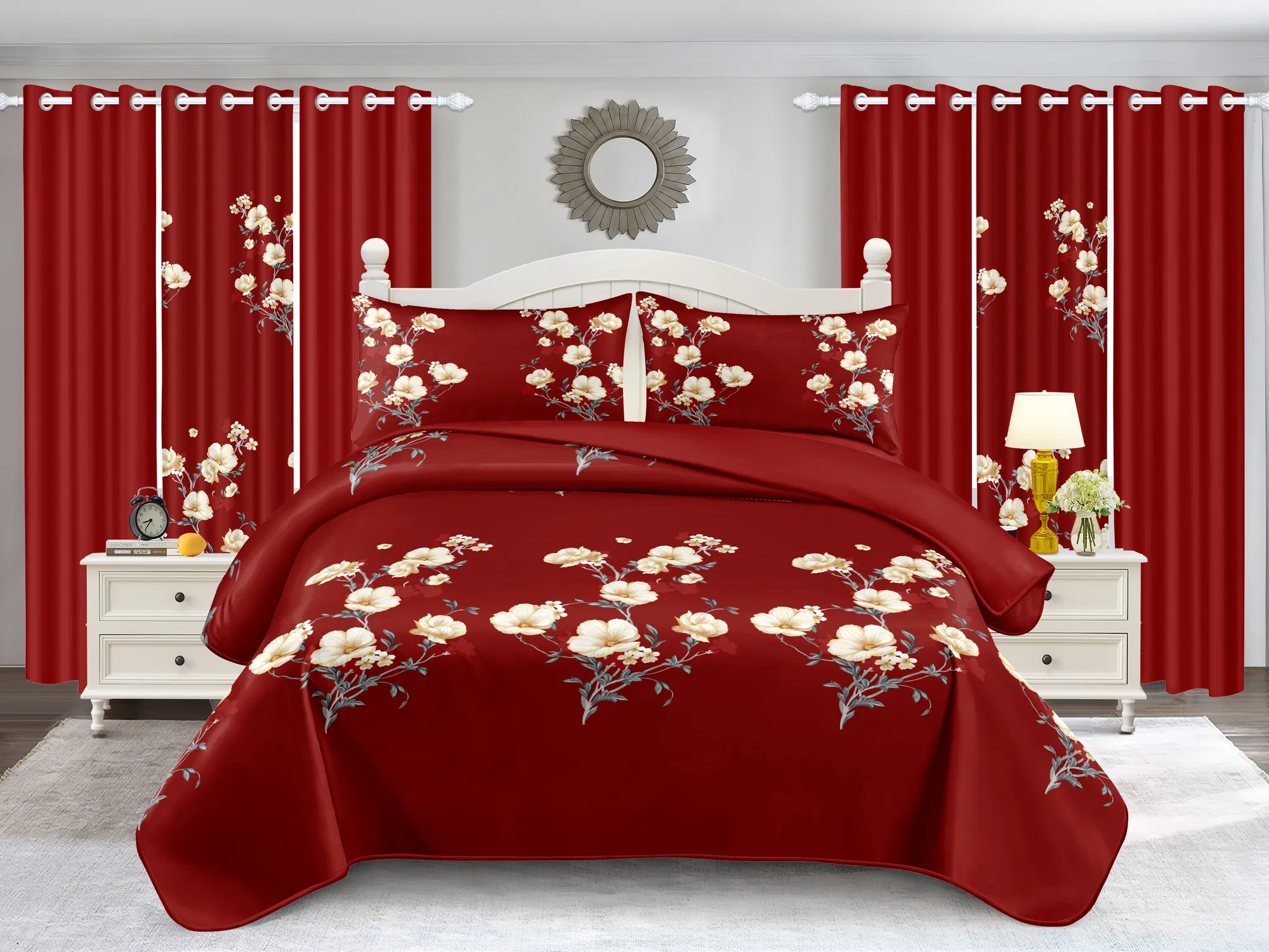 9-Piece Burgundy Red Floral Bedding & Curtain Combo Set, Elegant Wine Red Quilted Bedspread with 6 Light Filtering Window Panels & 2 Shams, Easy Care Microfiber Coverlet, Pet Friendly — image 19