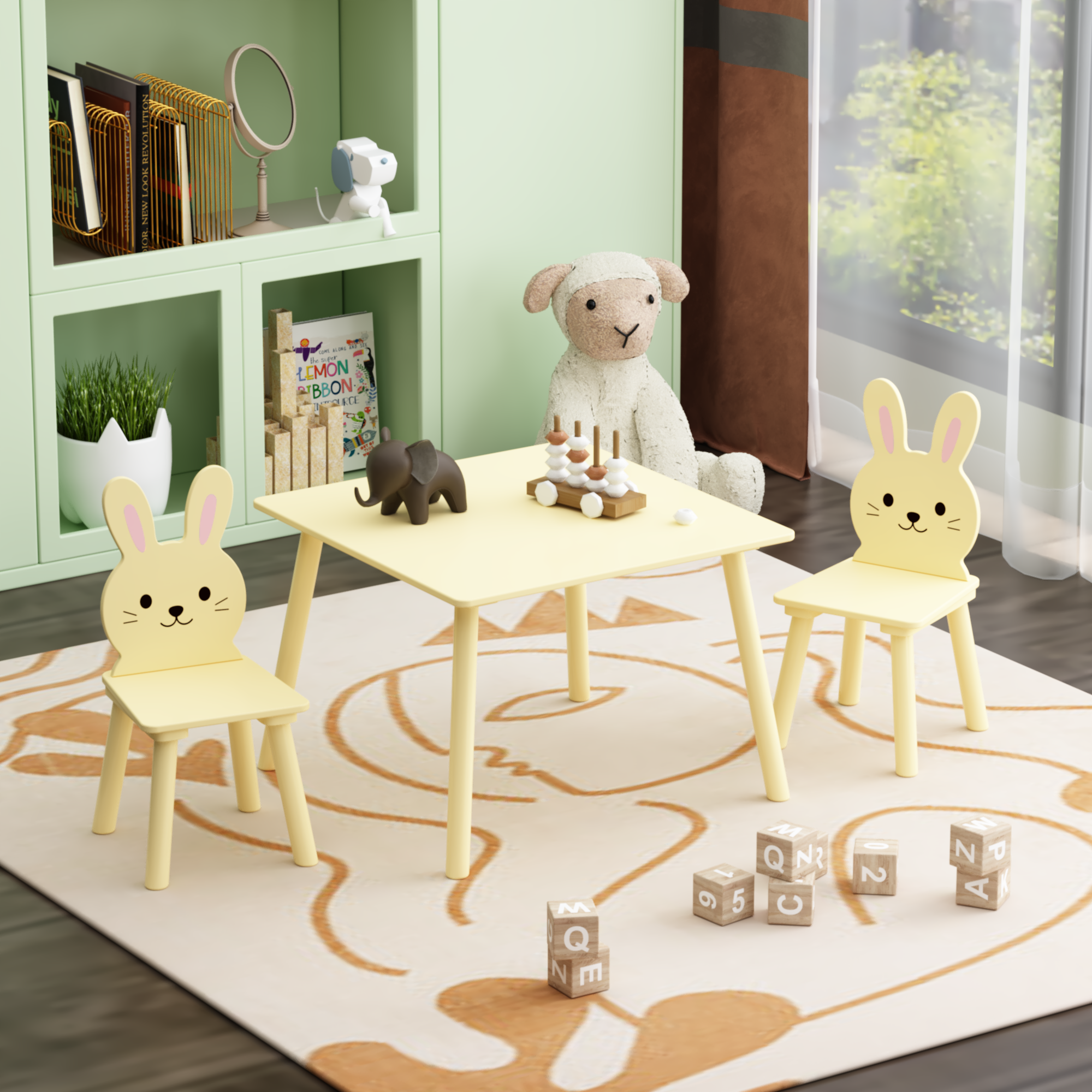 Conjunto de Mesa y Silla para Niños con 2 Sillas de Conejo, Mesa de Actividades de Madera para Bebés con Diseño Animales Adorables para Habitación de Juegos, Dormitorio o Aula - Amarillo Crema — imagen 4